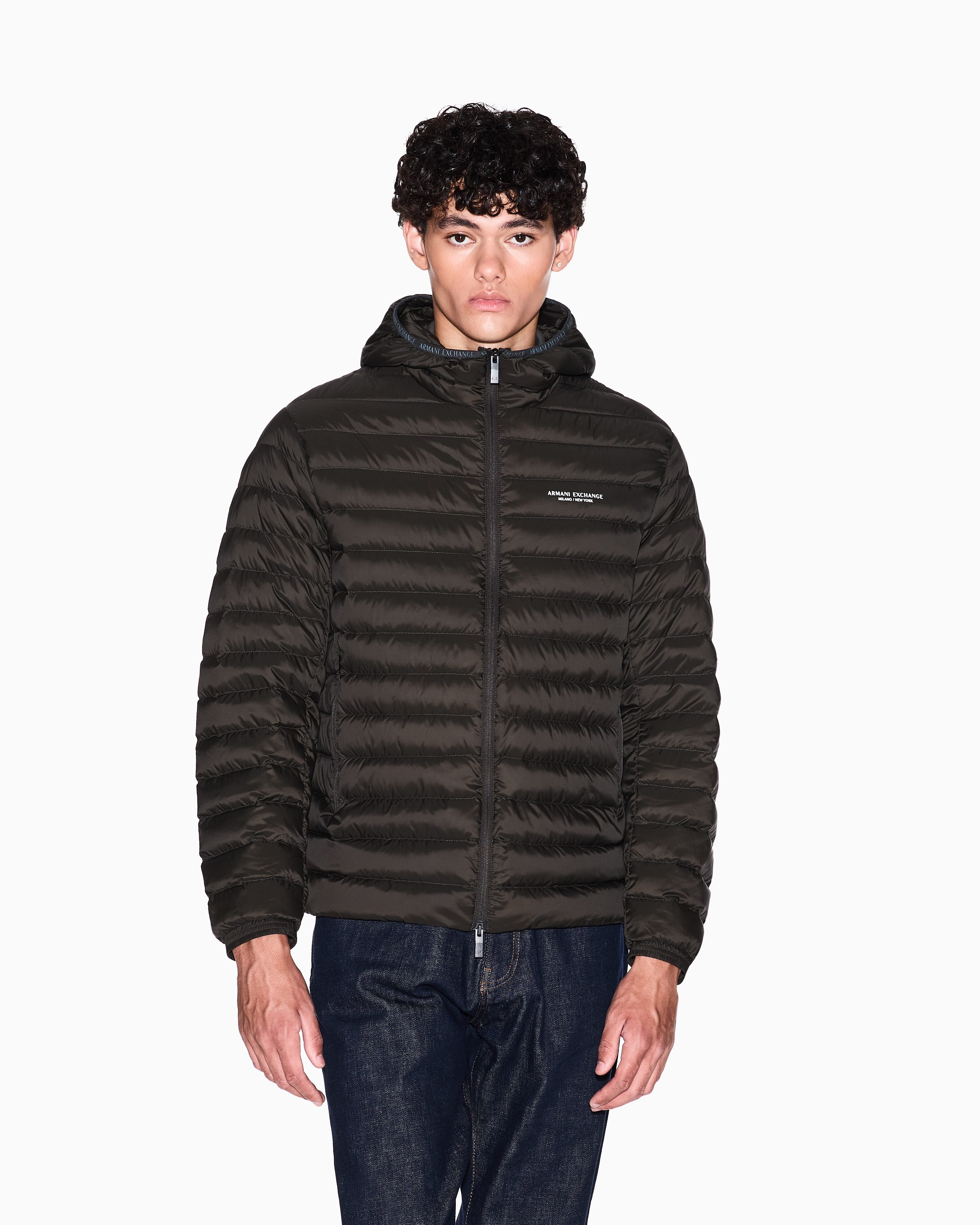 Armani Exchange - Full zip down jacket with hood, Man, Brown, Size: