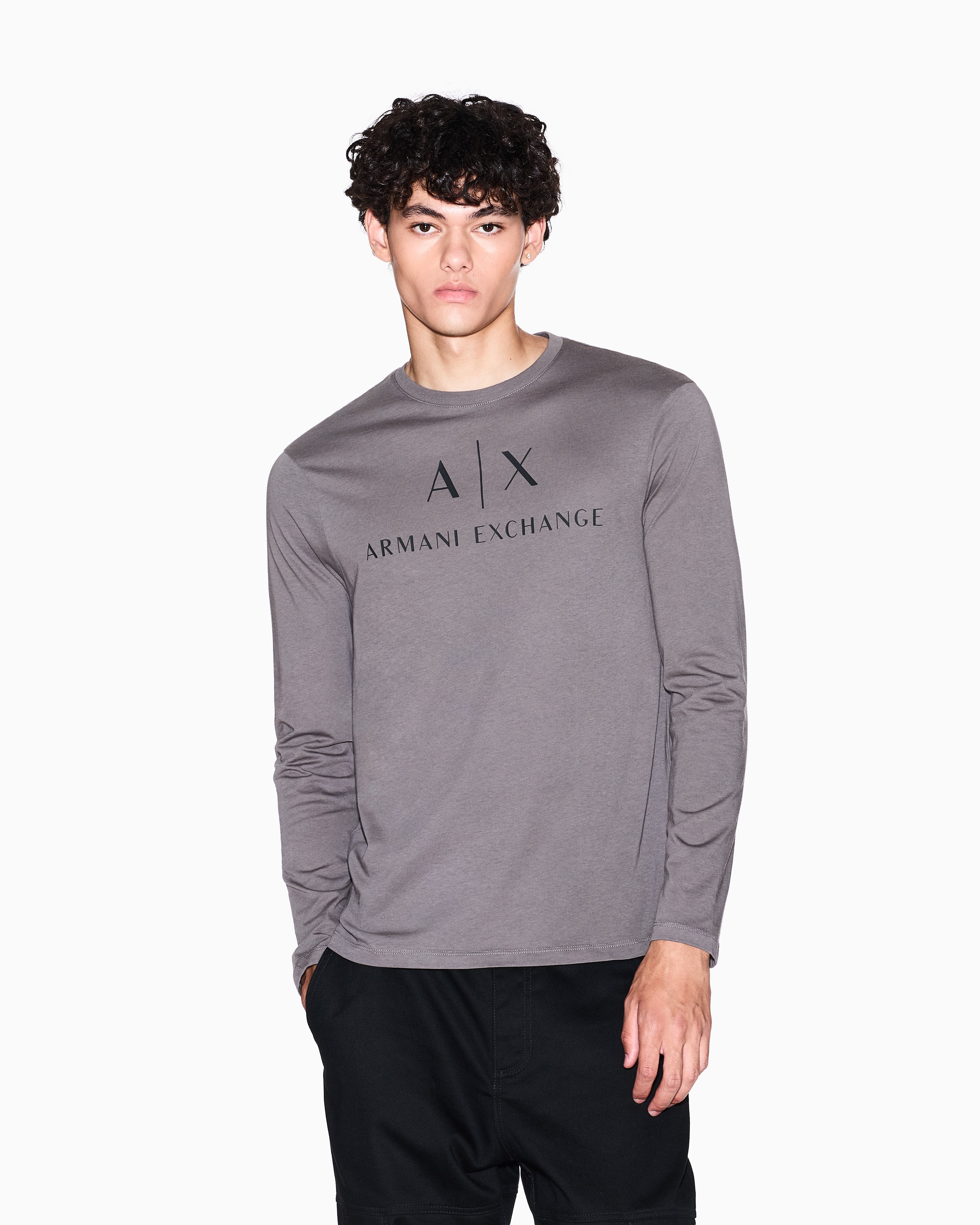Armani Exchange - Long sleeve T-shirt with logo prints, Man, Grey, Size: