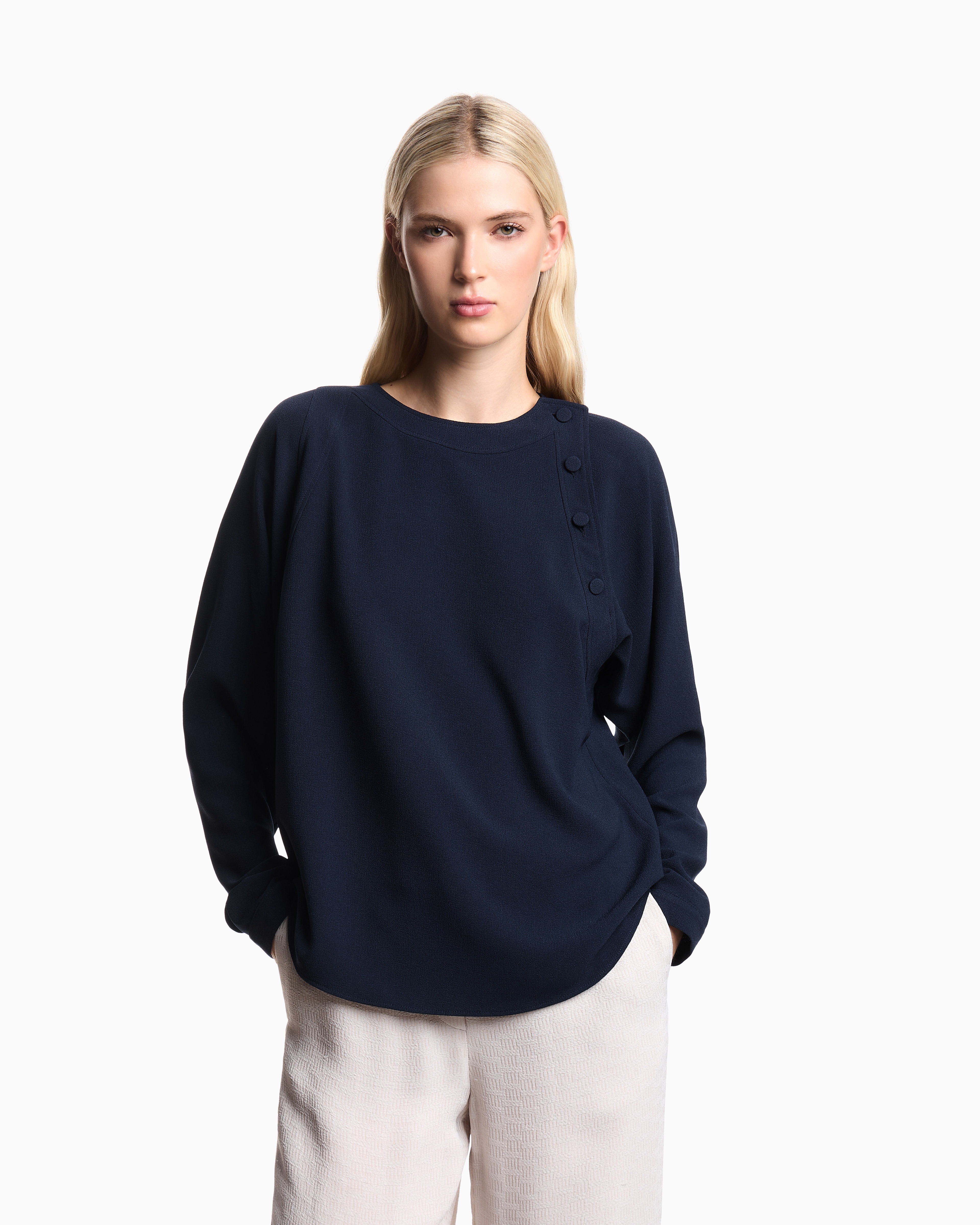 Emporio Armani - Stretch sandblasted fabric blouse, Woman, Blue, Size:
