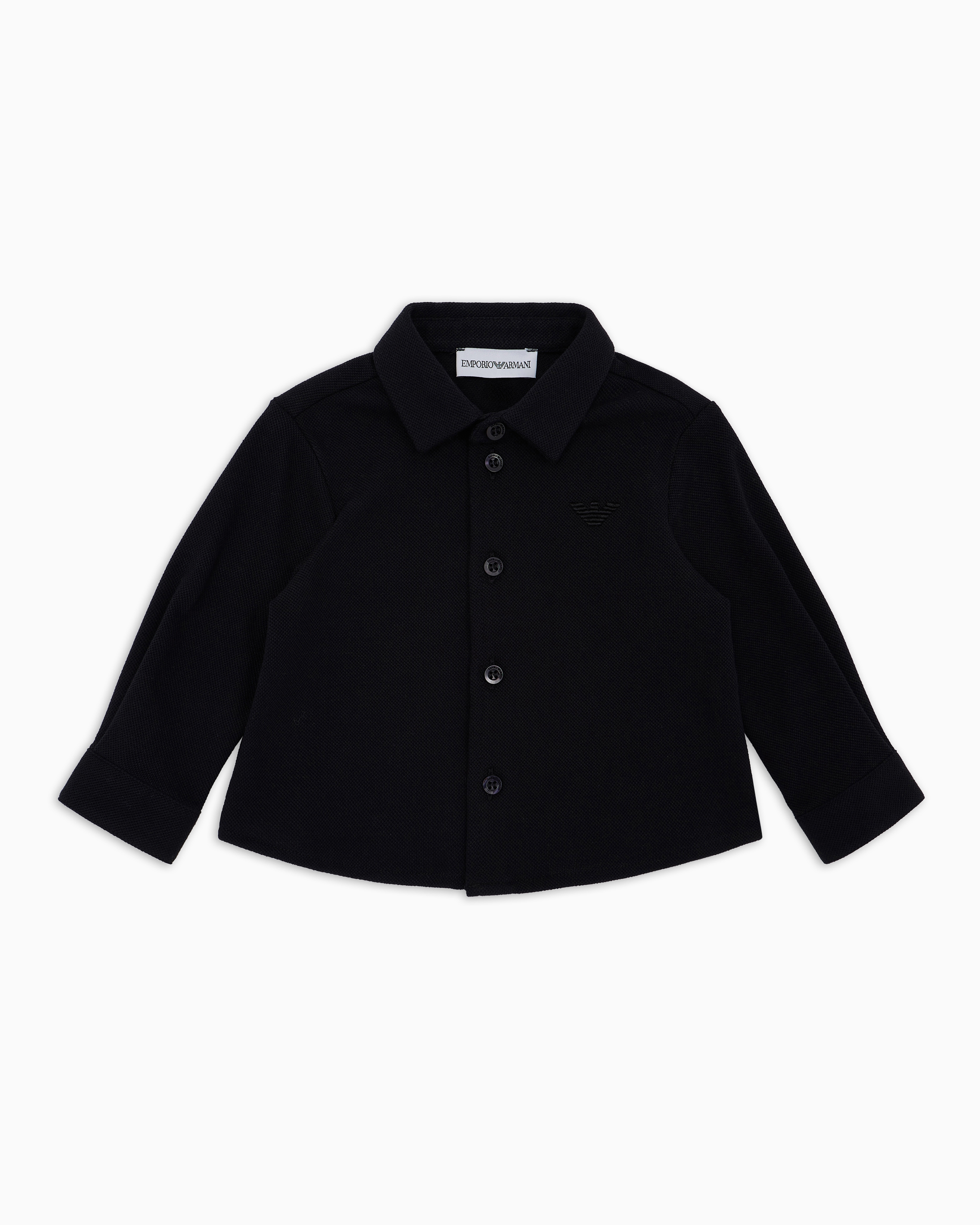 Emporio Armani - Piqué shirt with eagle embroidery, Boy, Navy Blue, Size:
