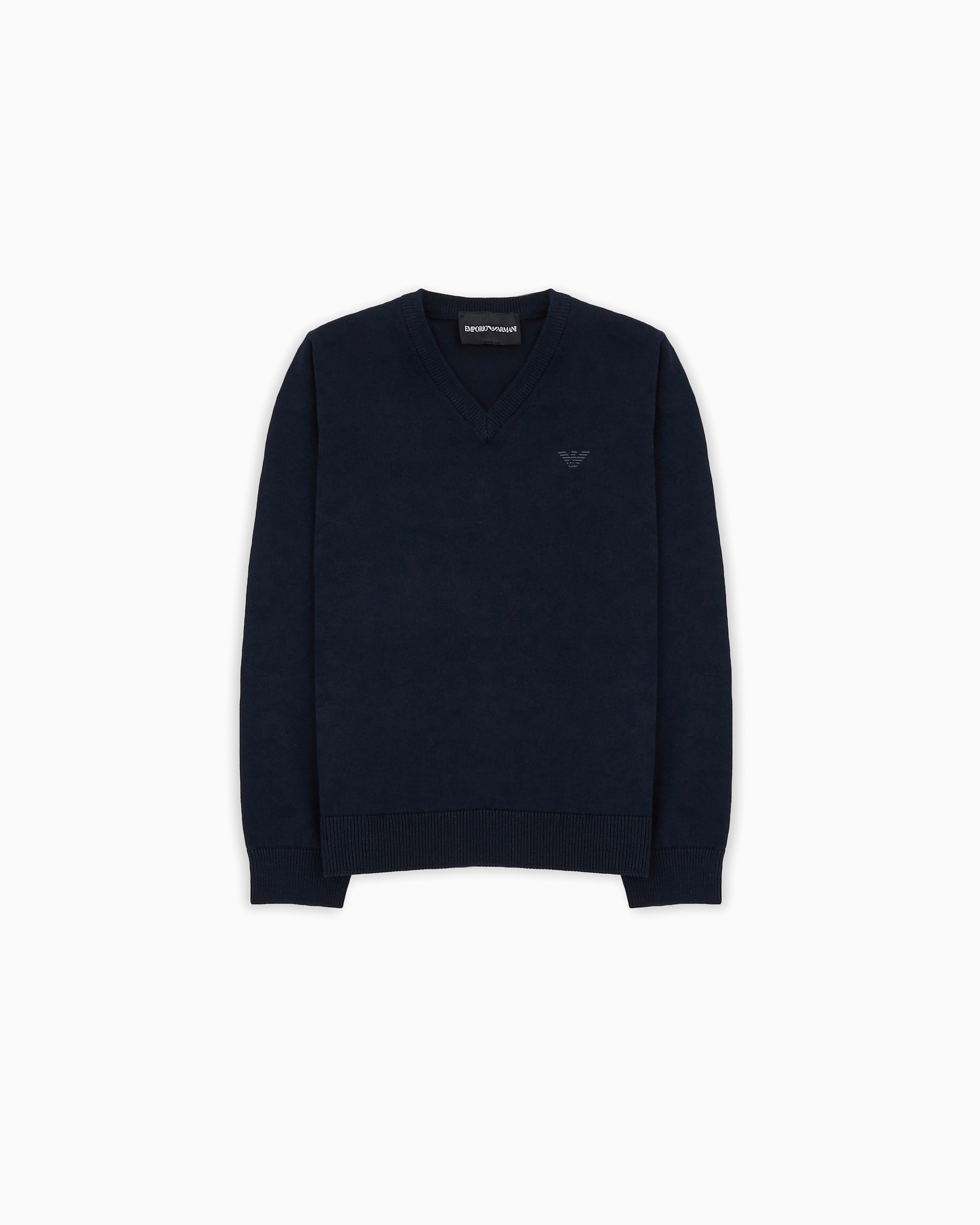 Emporio Armani - Cob-stitch cotton V-neck jumper, Boy, Blue, Size:
