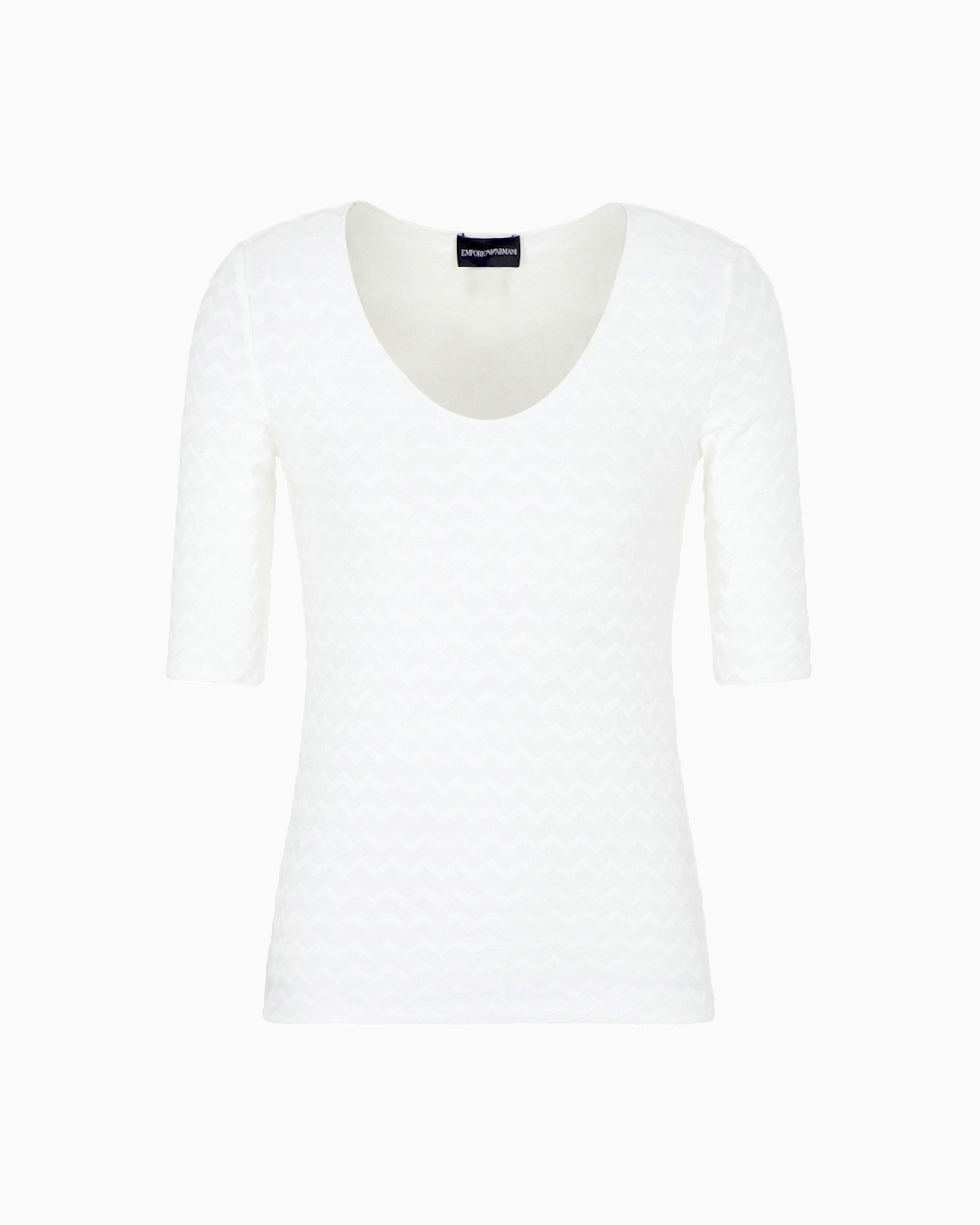Emporio Armani - Two-way stretch jacquard motif nylon-jersey V-neck jumper, Woman, White, Size: