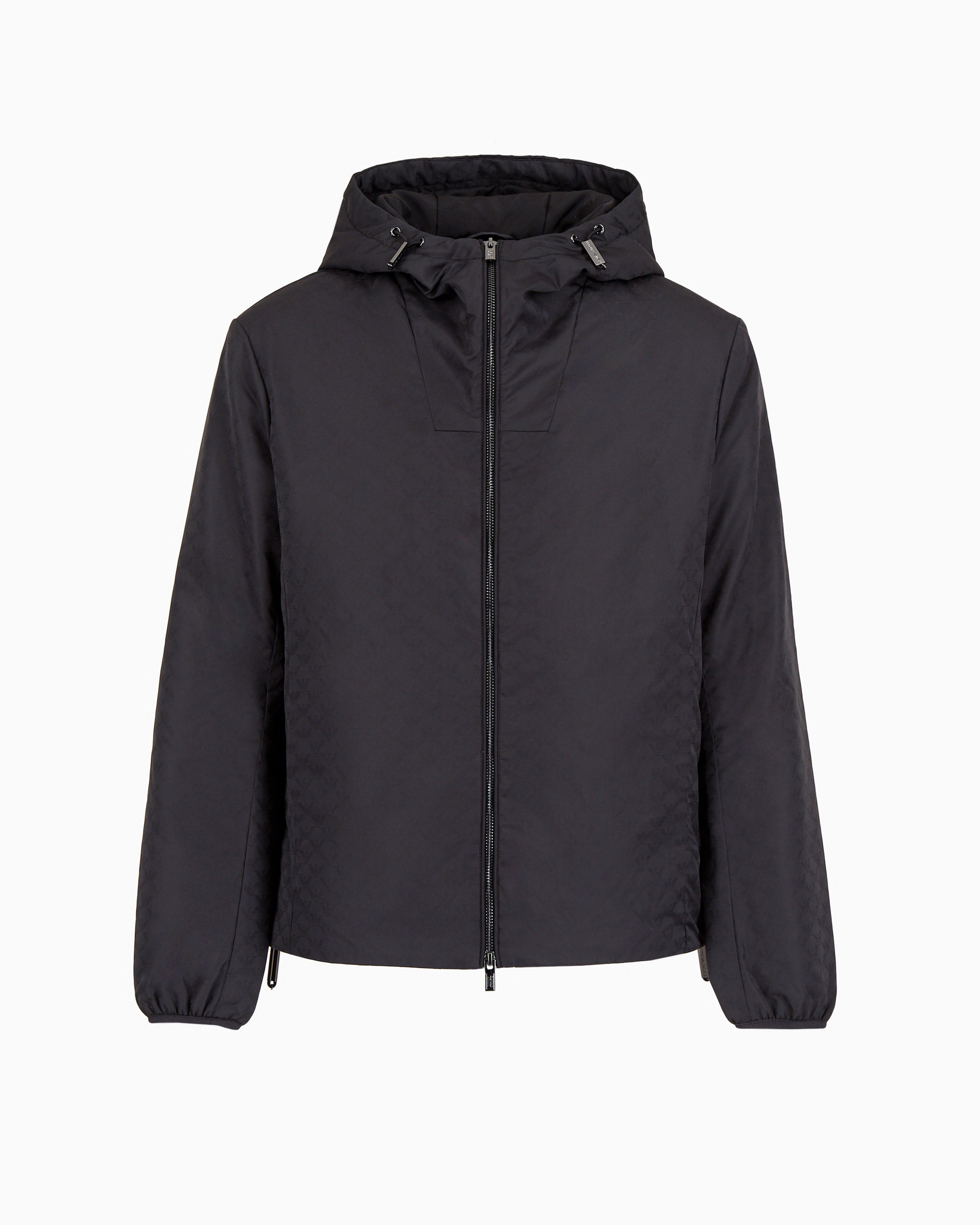 Emporio Armani - Nylon jacket with hood and zip, all-over jacquard eagle, Man, Black, Size: