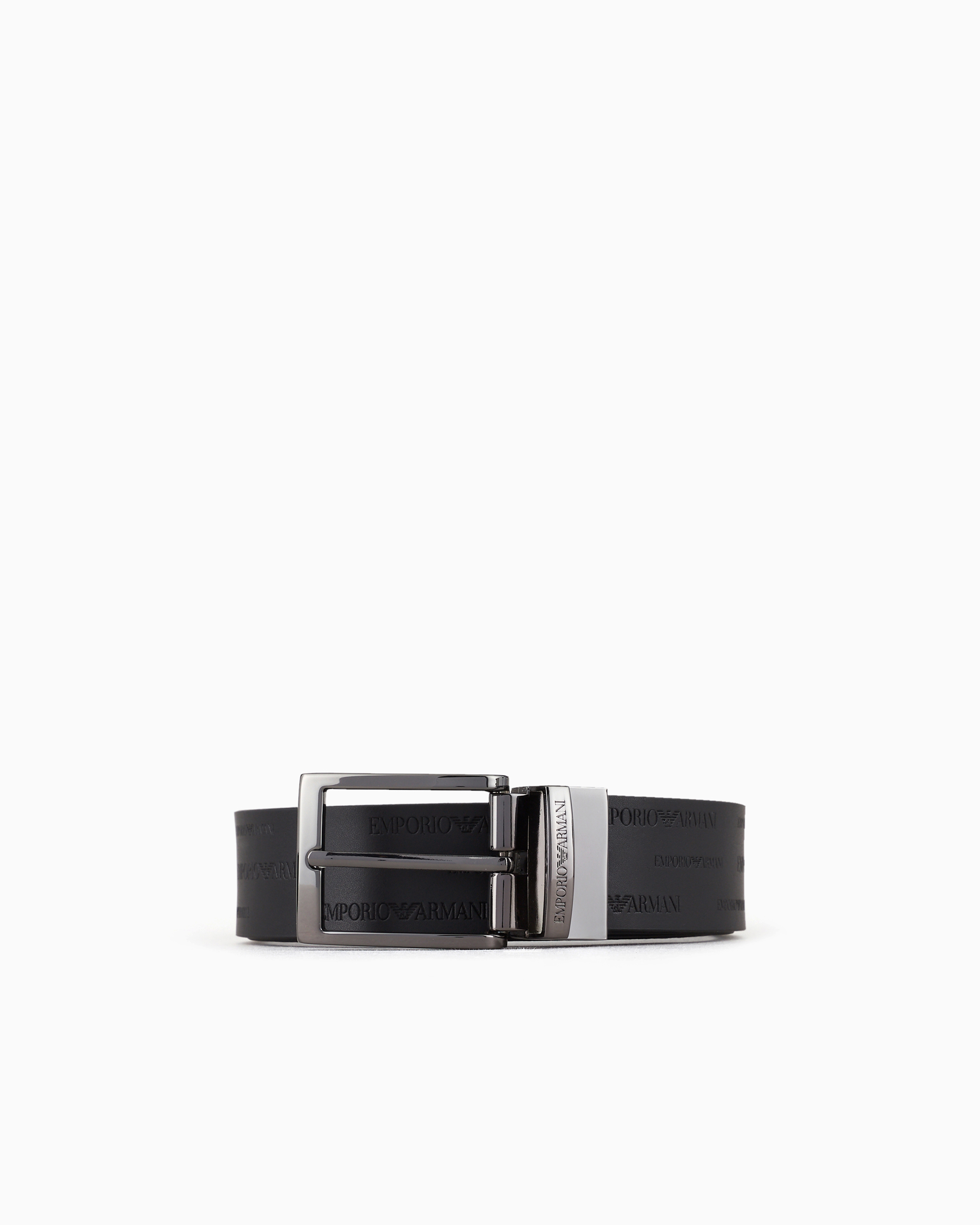 Reversible leather belt with all-over embossed lettering