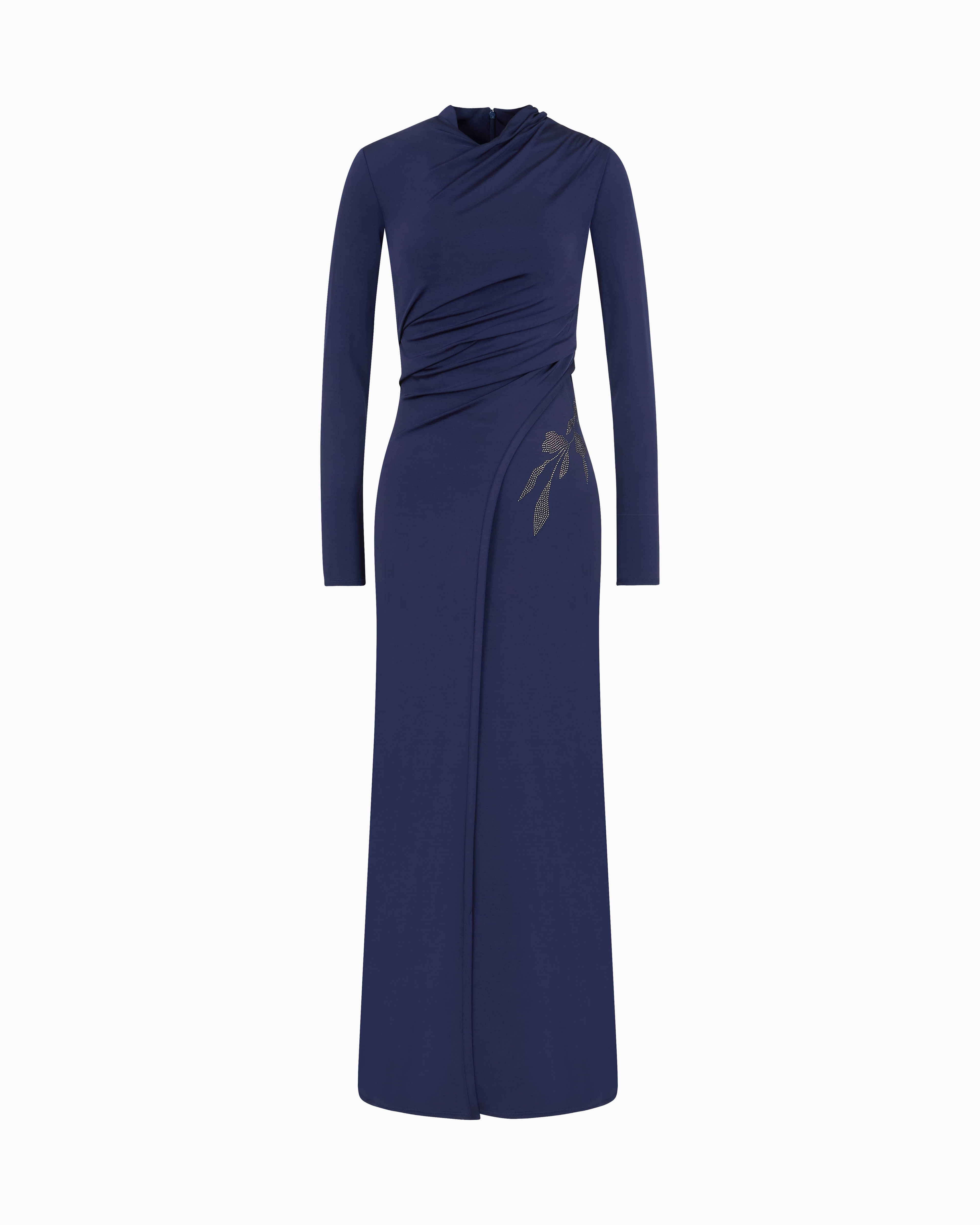 Giorgio Armani Blue Asv Long Dress In Stretch Viscose Jersey With Rhinestones Size 38
