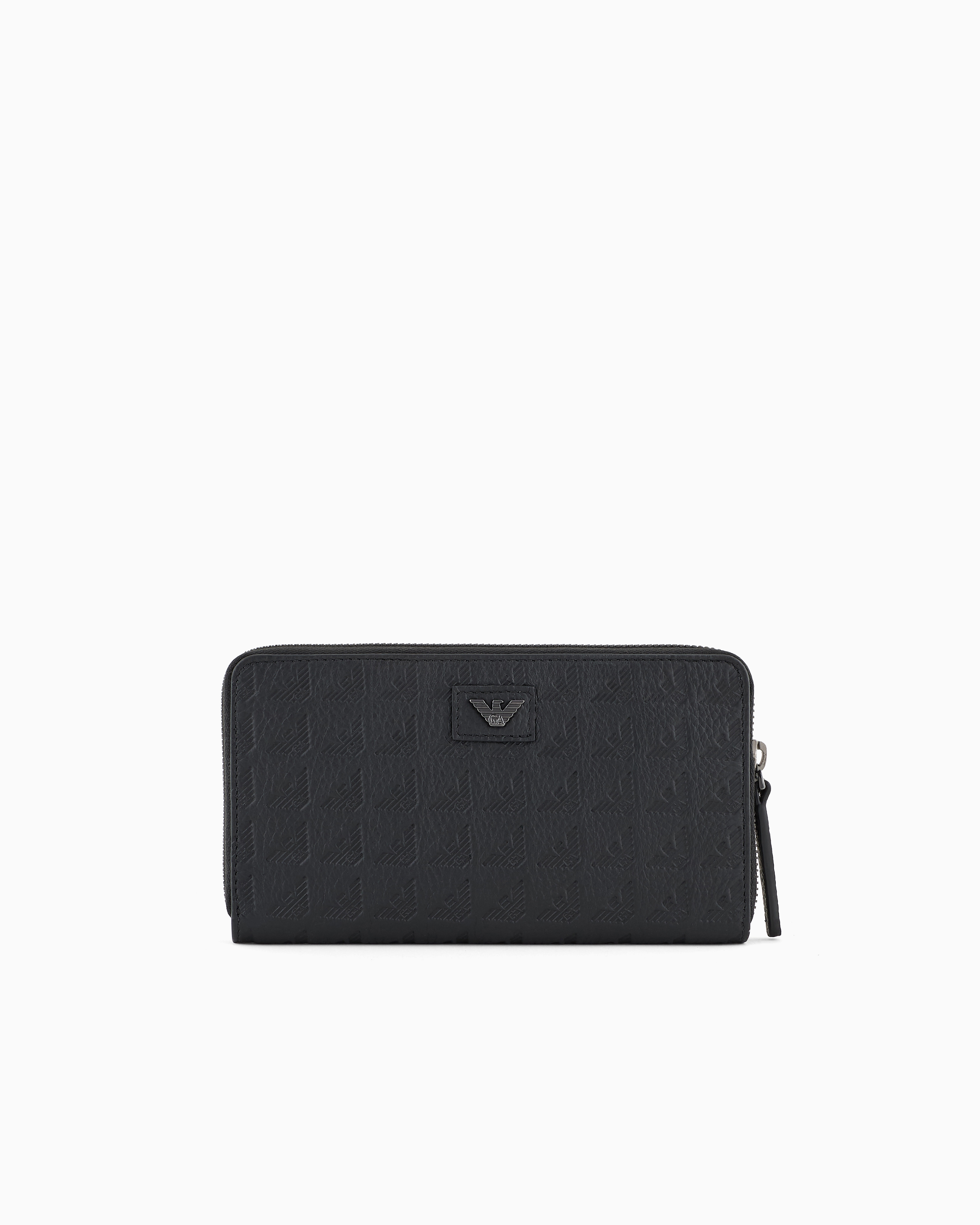 Emporio Armani - Zip-around leather wallet with all-over embossed eagle, Man, Black, Size: TU