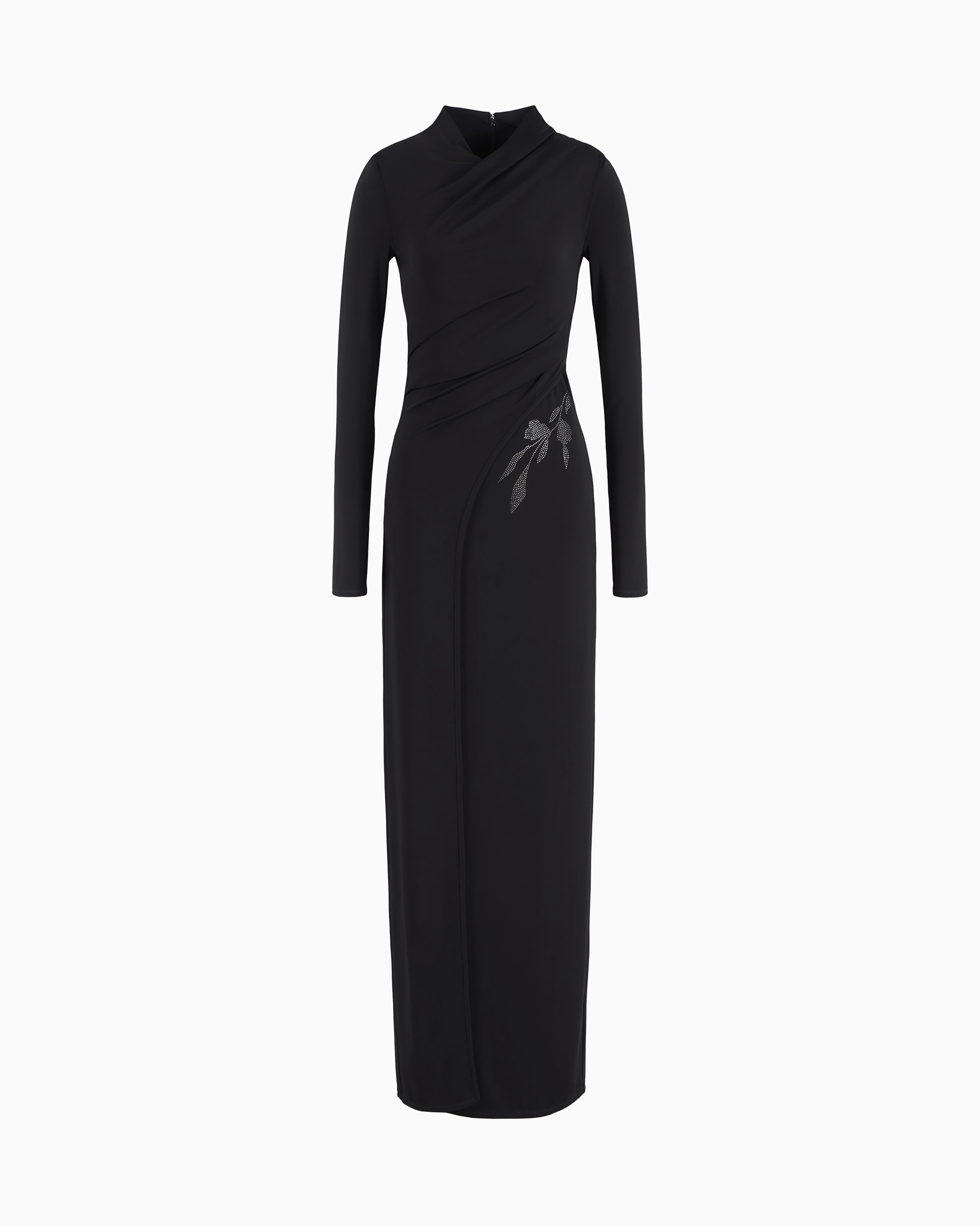 Giorgio Armani Black Asv Long Dress In Stretch Viscose Jersey With Rhinestones Size 44