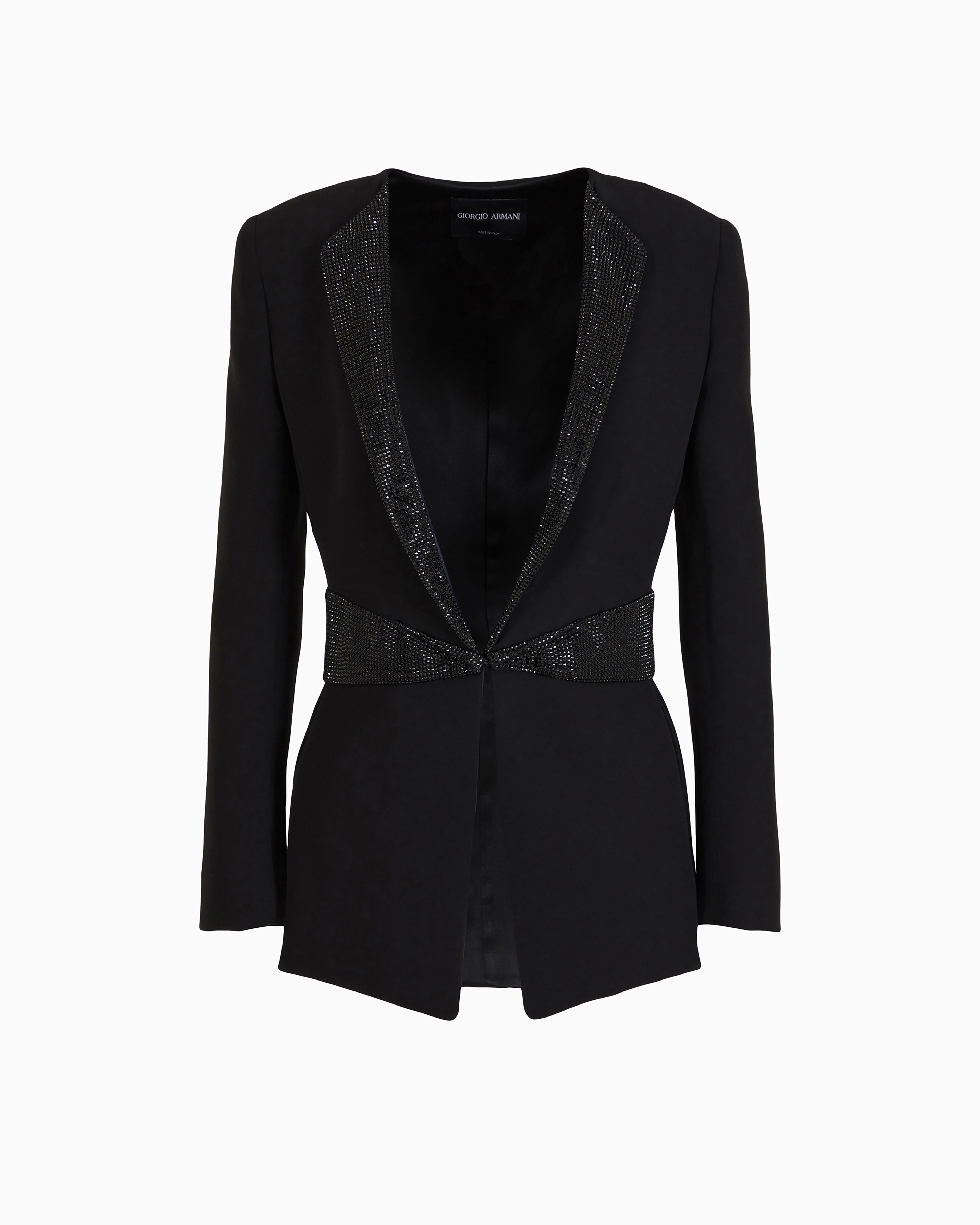 Single-breasted jacket in silk cady with rhinestone details