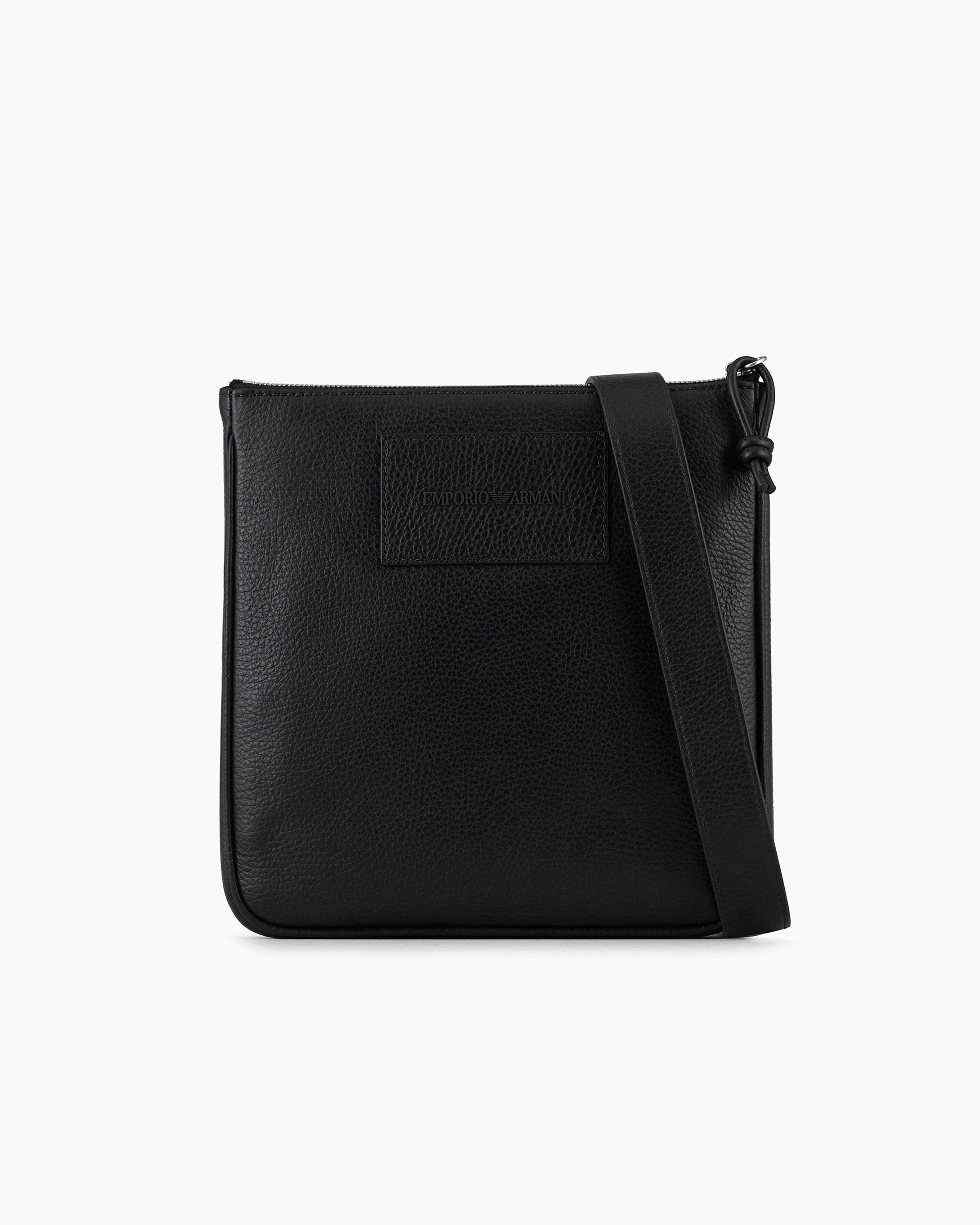 Emporio Armani - Flat, tumbled leather shoulder bag, Man, Black, Size: TU