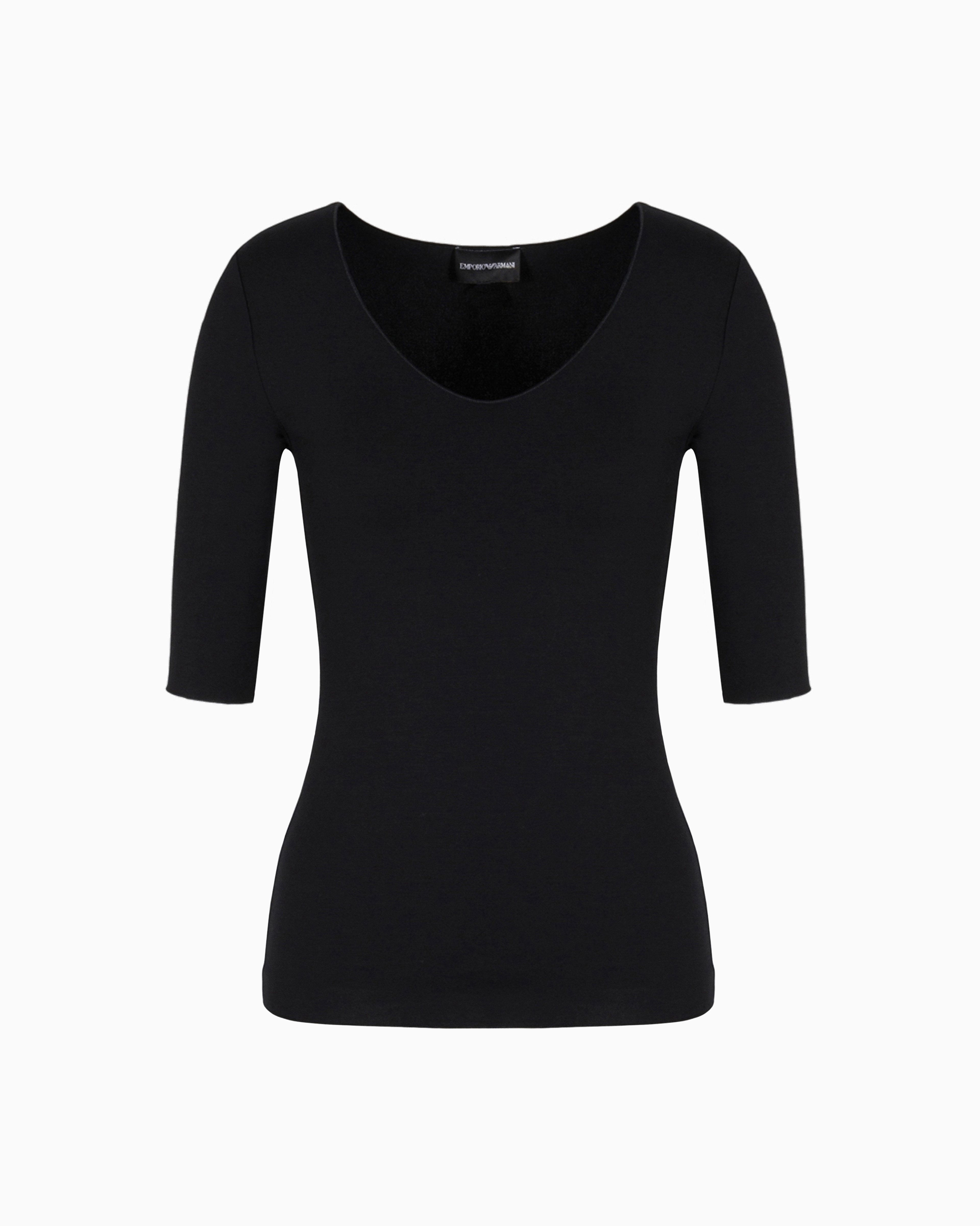 Emporio Armani - Viscose stretch jersey V-neck jumper with three-quarter length sleeves, Woman, Black, Size: