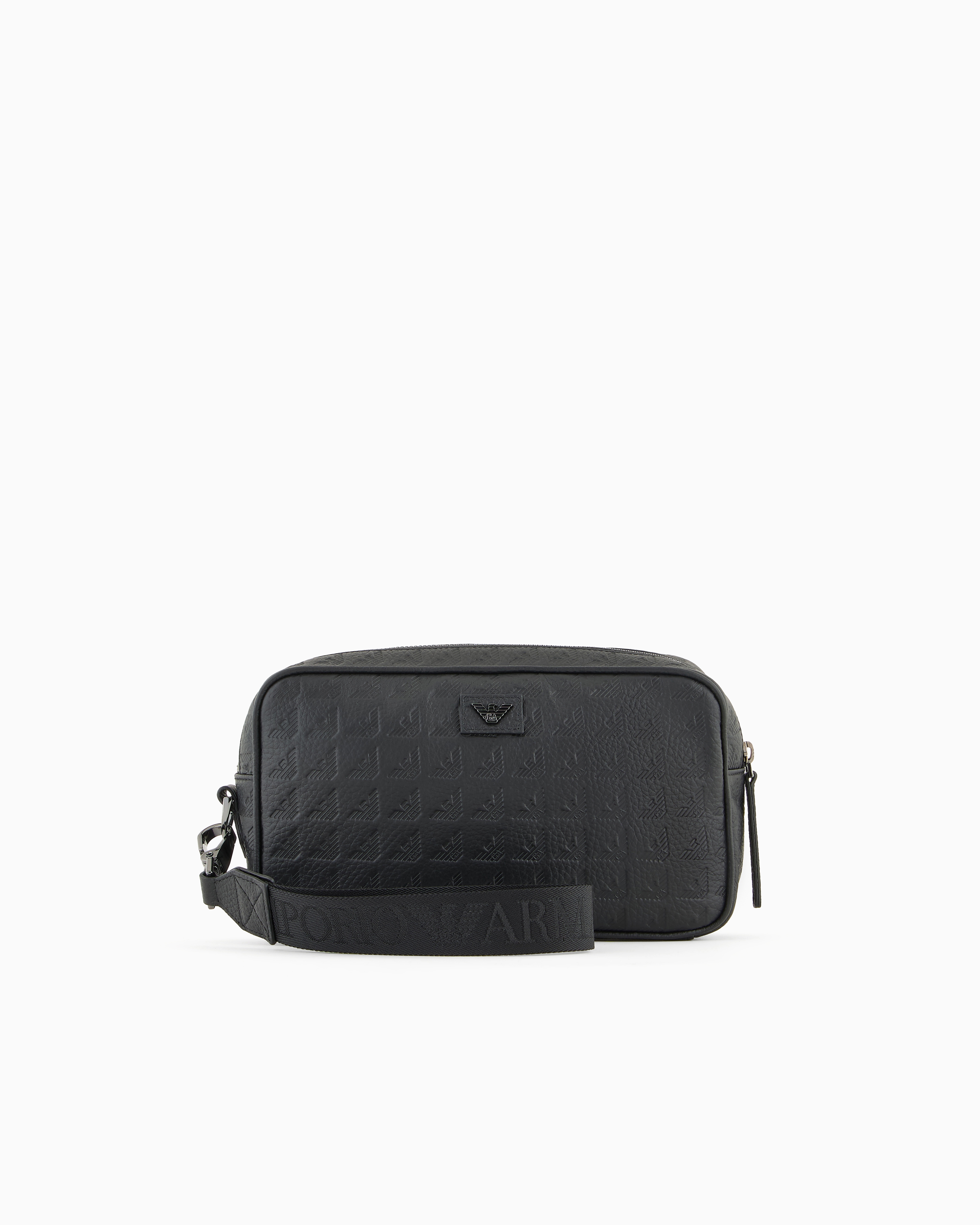Emporio Armani - Leather washbag with all-over embossed eagle, Man, Black, Size: TU