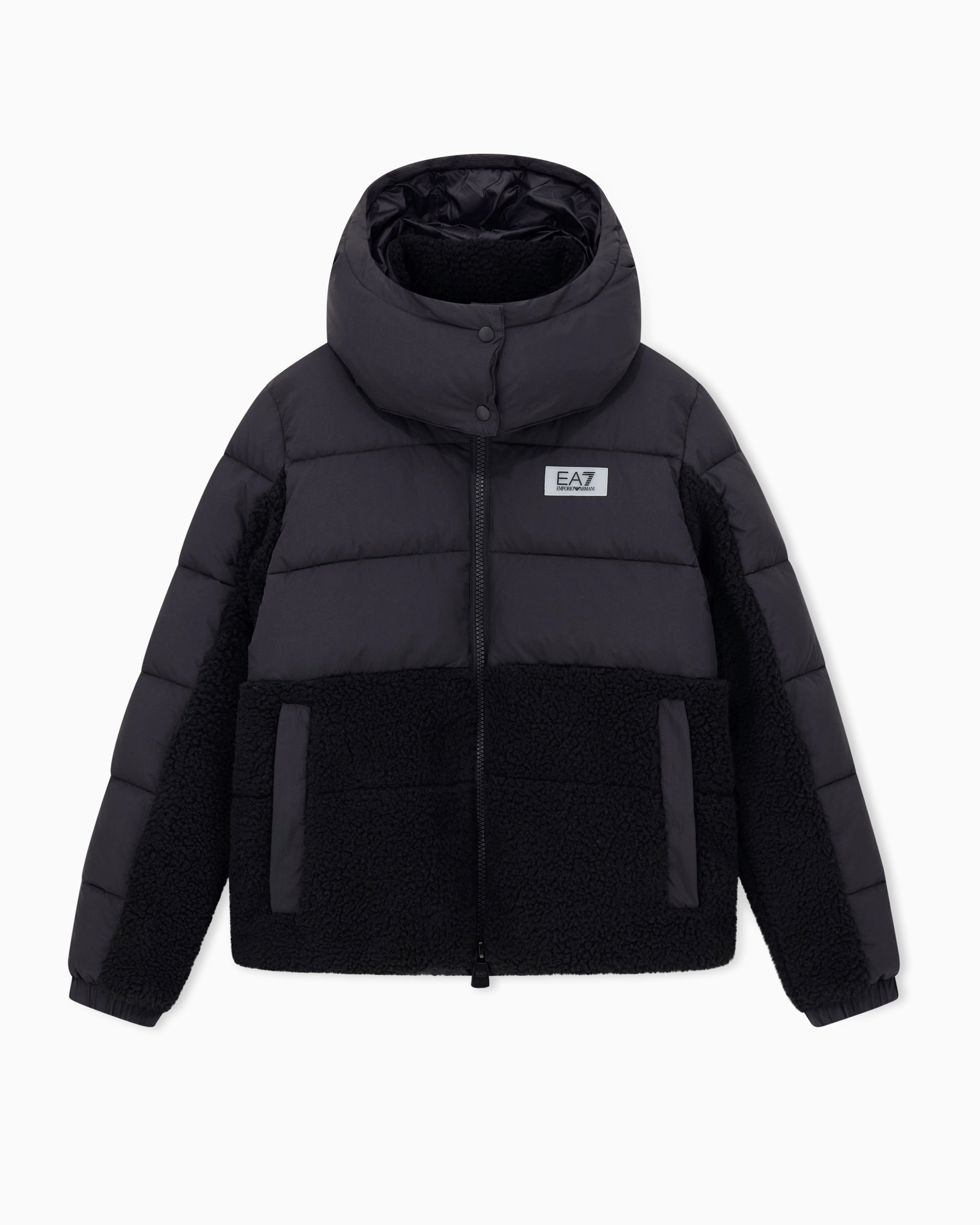 Ea7 Nylon Padded Jacket With Teddy-effect Fabric Details In Blue