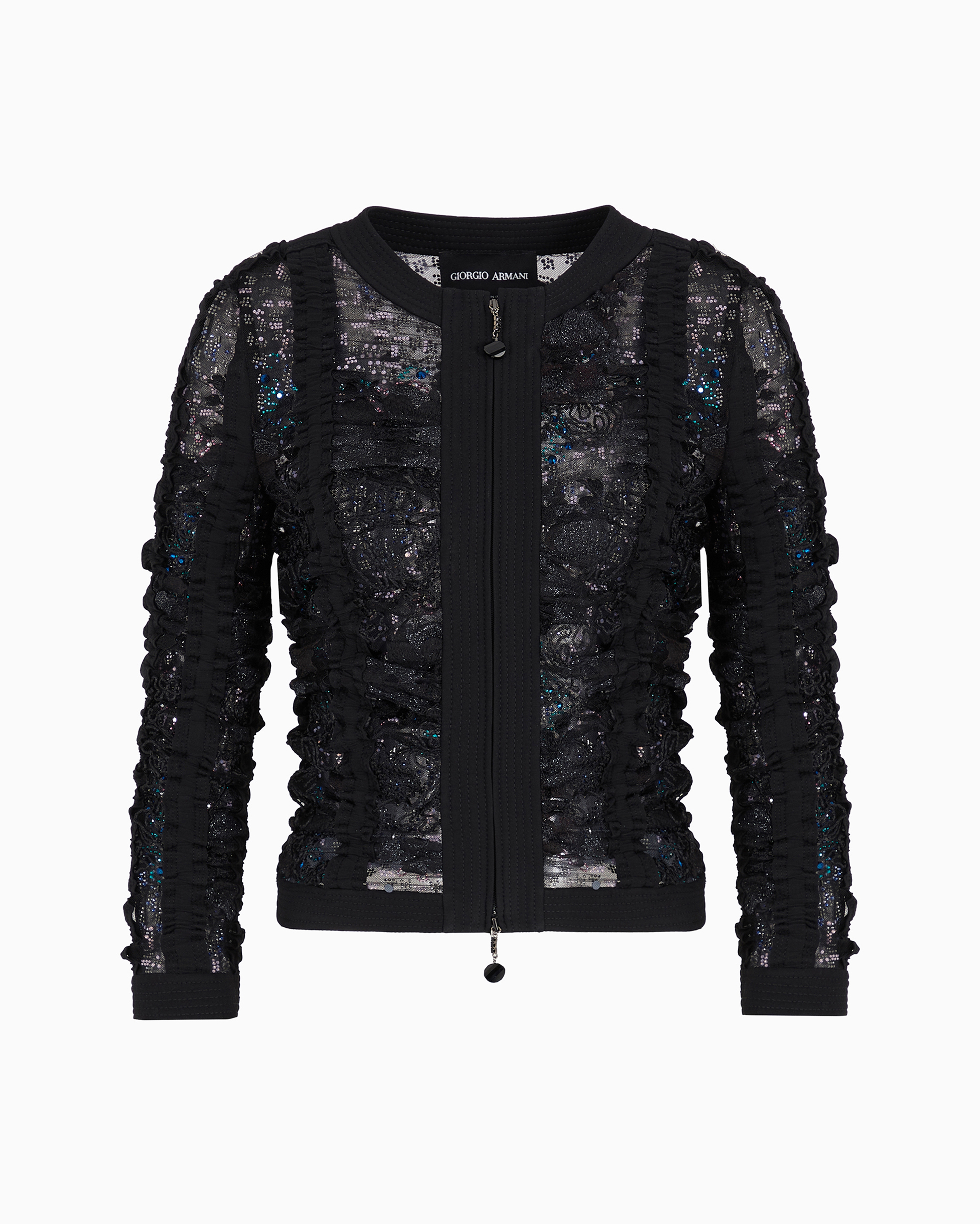 Giorgio Armani Short Jacket In Black Embroidered Lace With Zip In Black