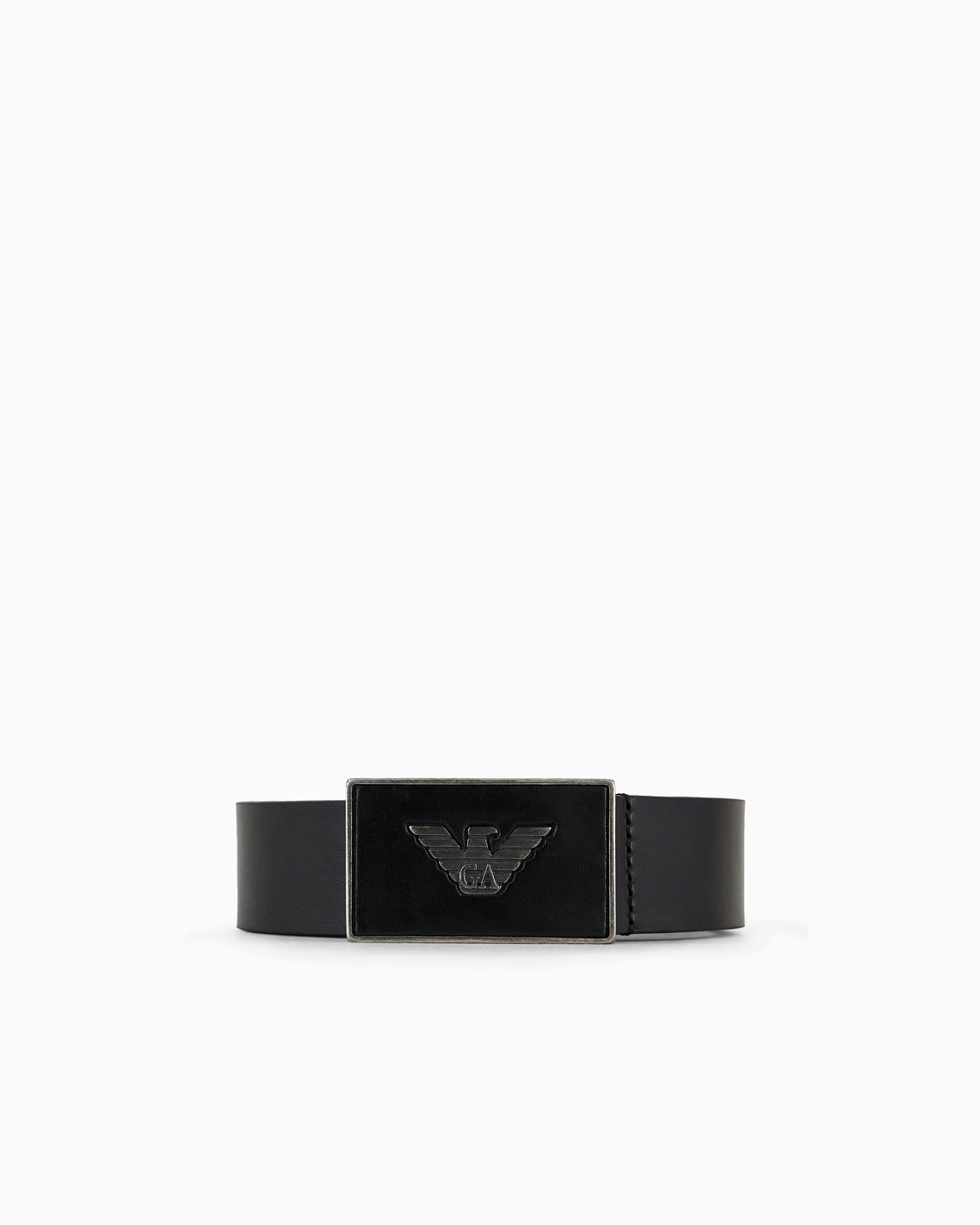 Emporio Armani - Leather belt with eagle plate, Man, Black, Size: