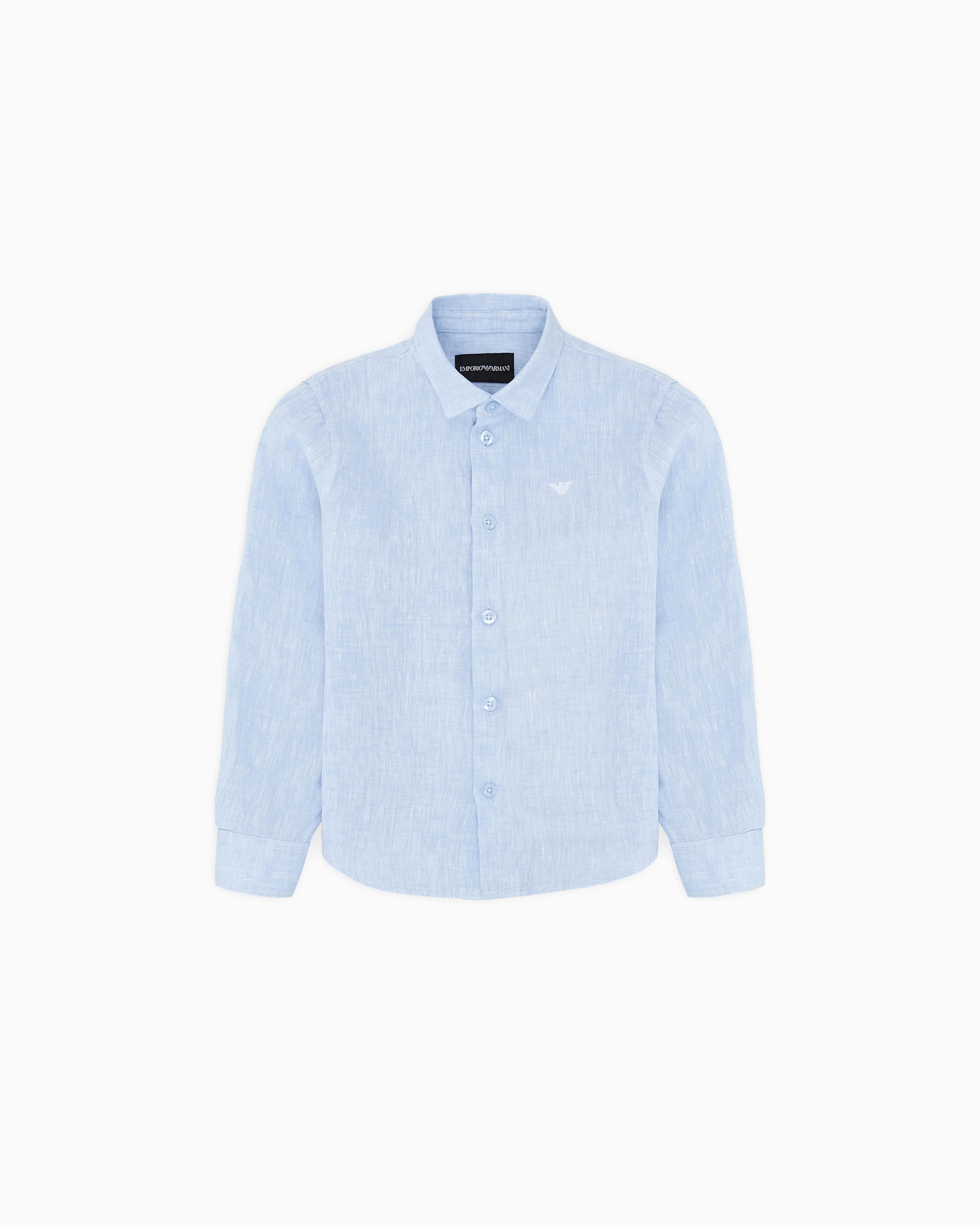 Emporio Armani - Linen shirt with eagle embroidery, Boy, Light Blue, Size: