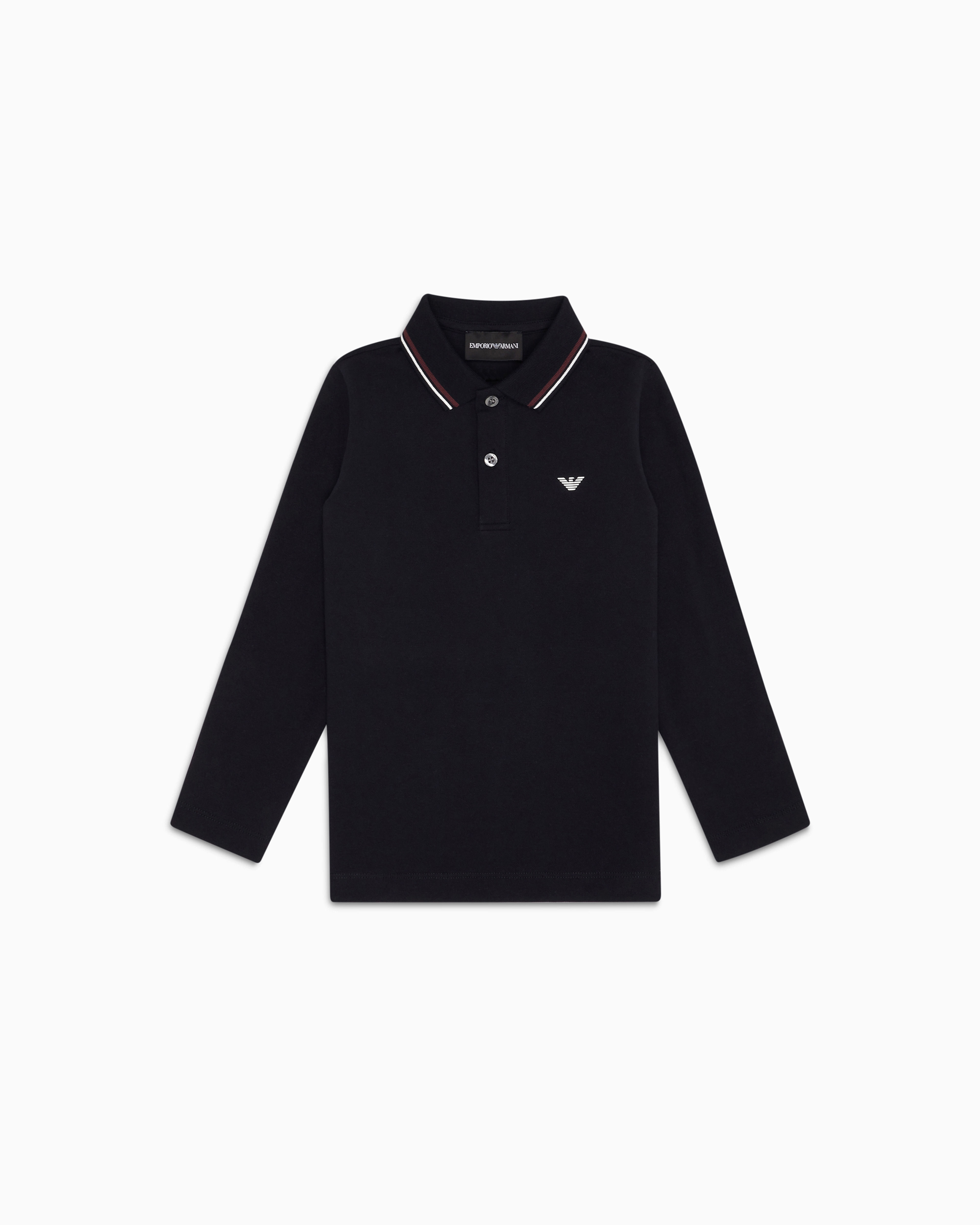 Emporio Armani - Long-sleeved stretch piqué polo shirt with micro eagle embroidery, Boy, Navy Blue, Size: