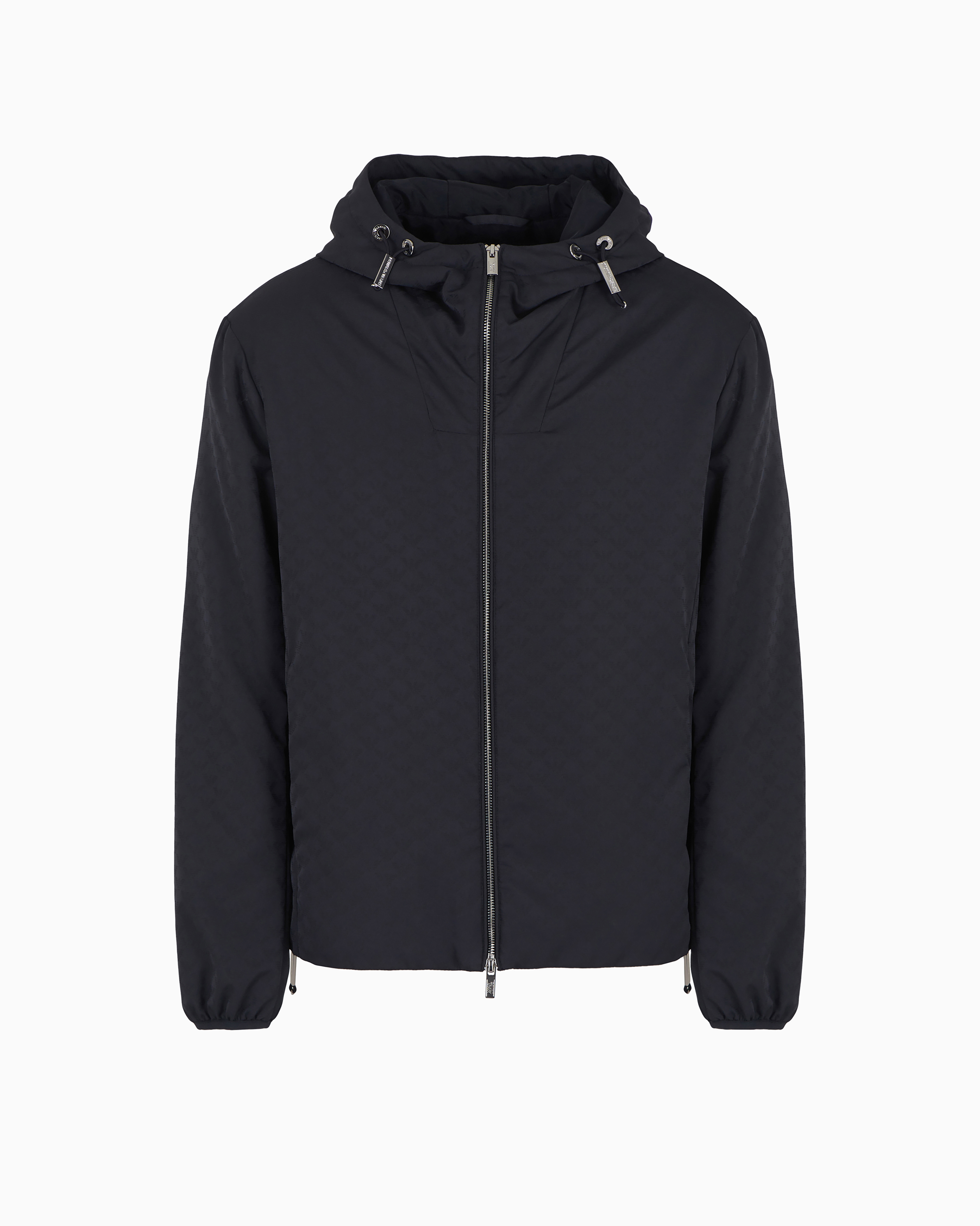 Emporio Armani - Nylon jacket with hood and zip, all-over jacquard eagle, Man, Navy Blue, Size: