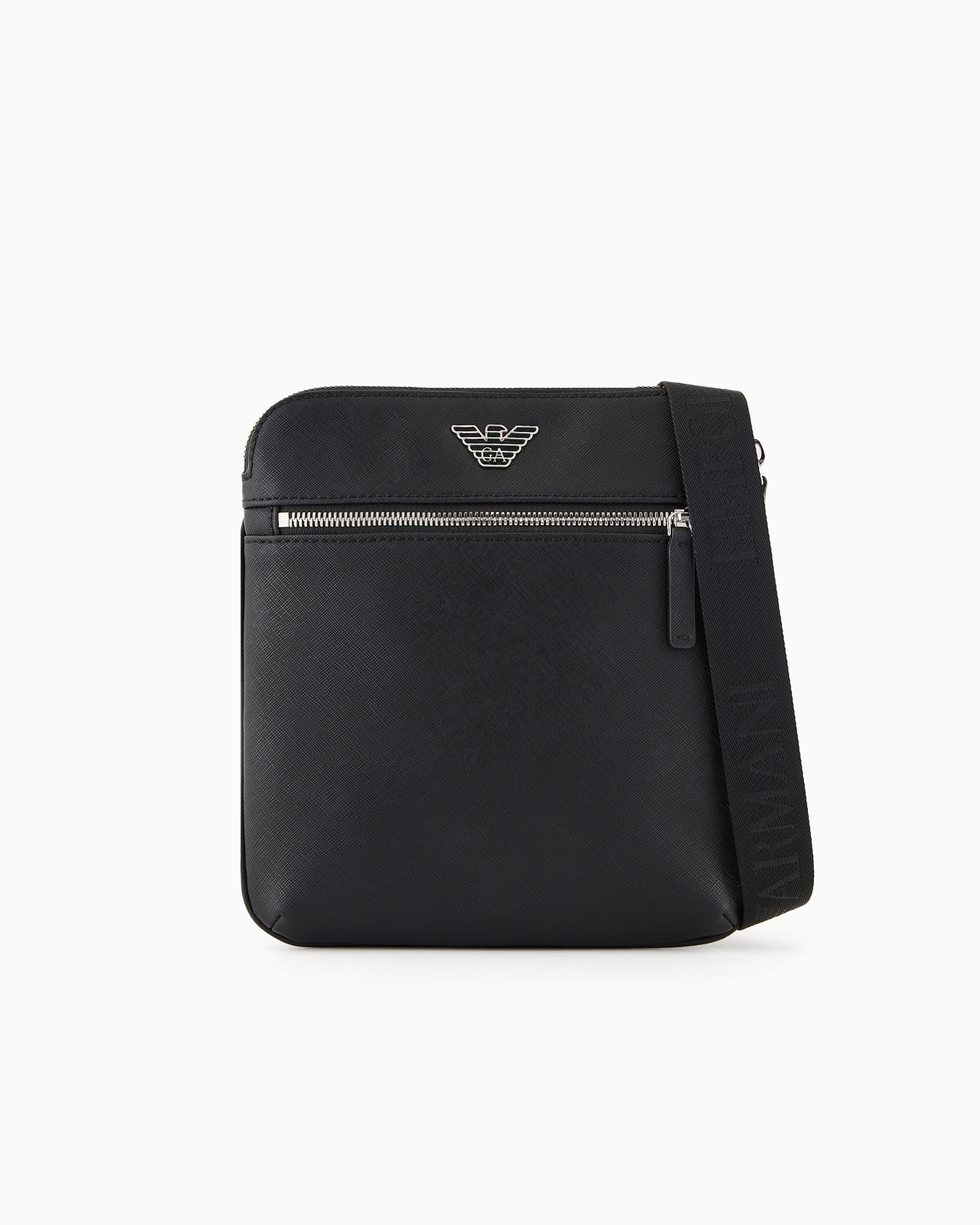 Emporio Armani - ASV regenerated Saffiano leather flat shoulder bag with eagle plate, Man, Black, Size: TU