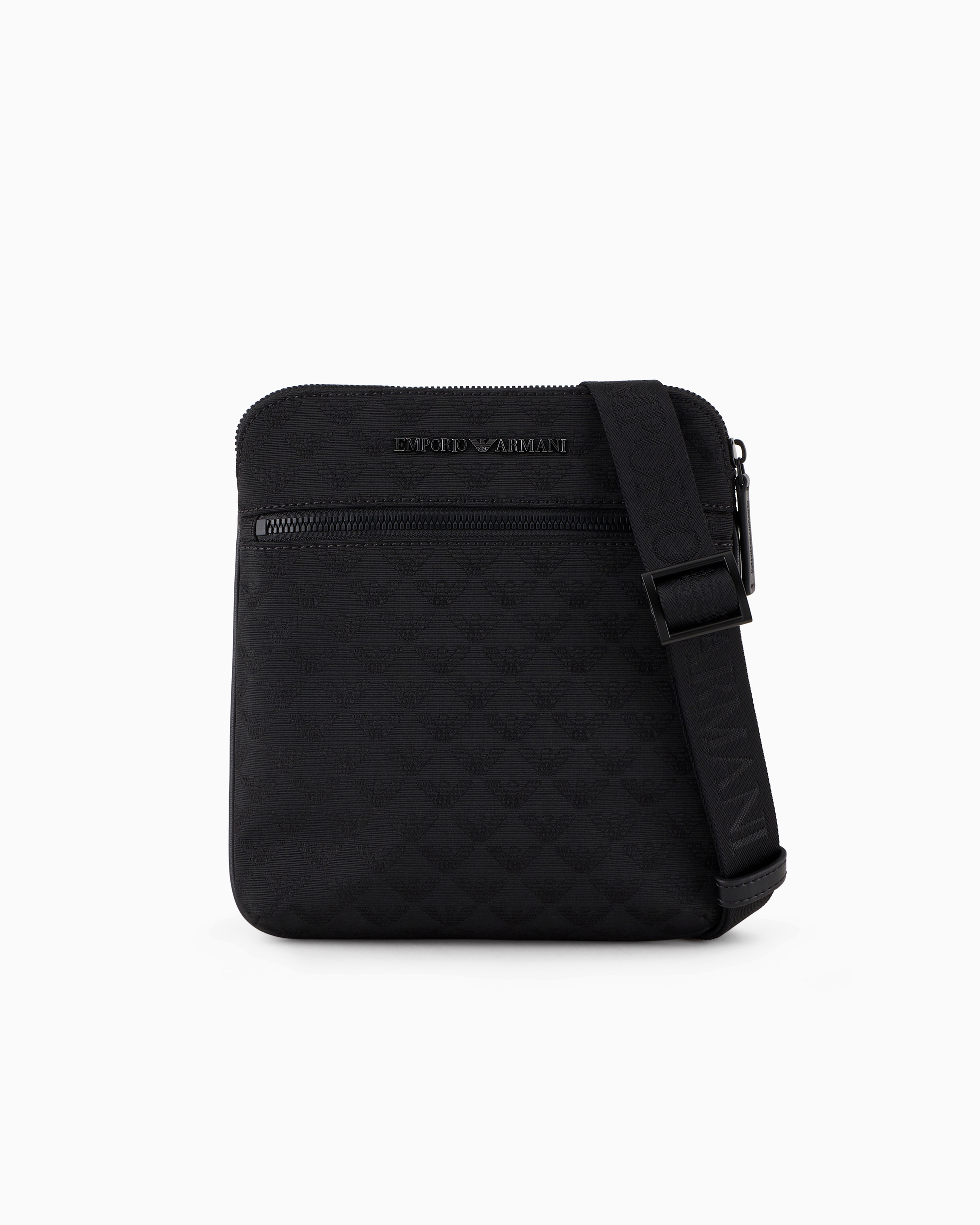 Flat nylon shoulder bag with all-over jacquard eagle