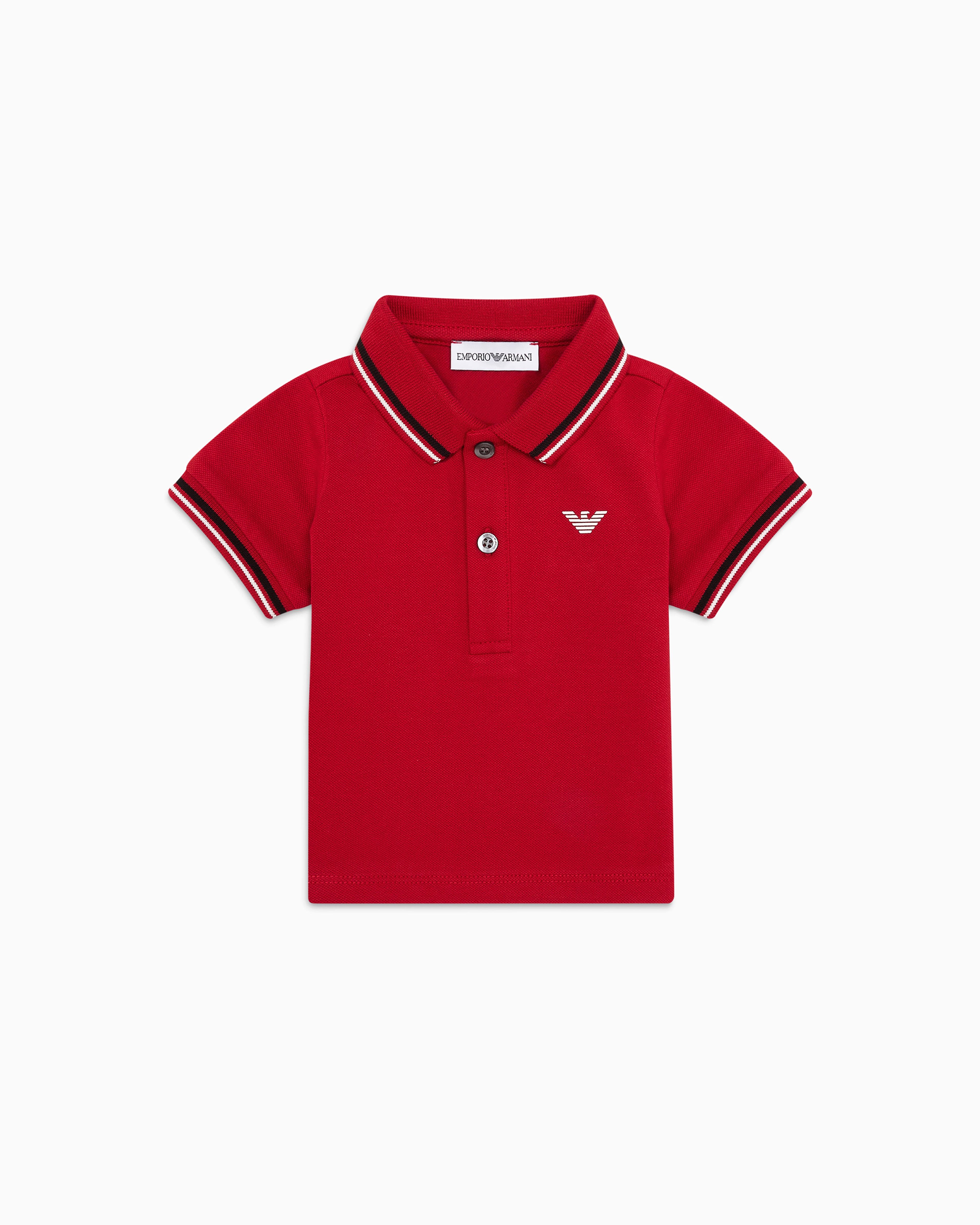 Emporio Armani - Stretch piqué polo shirt with striped trim, Boy, Red, Size: