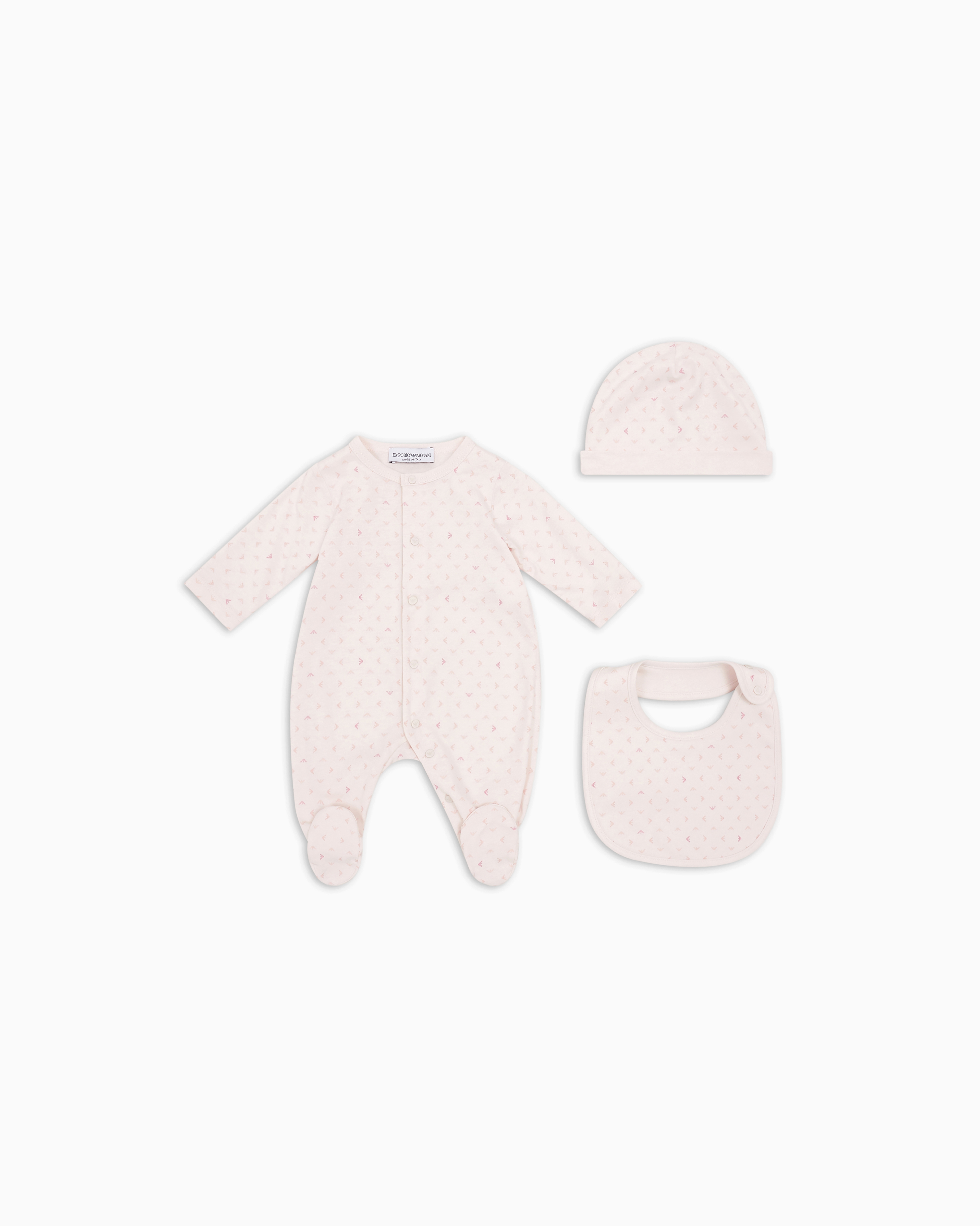 Emporio Armani - Gift set of an all-over op-art eagle onesie, bib and beanie, Boy, Pink, Size: