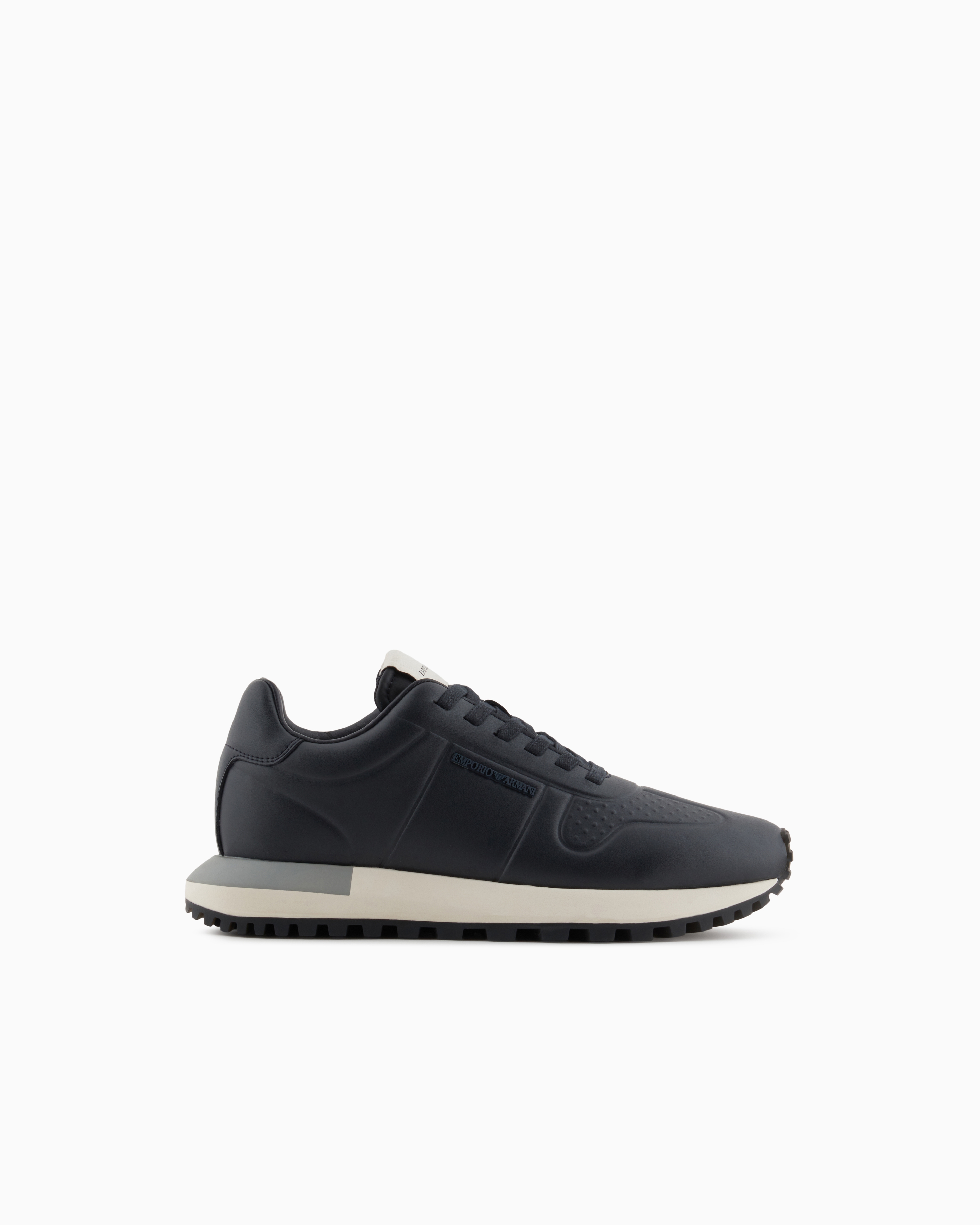Emporio Armani - Leather sneakers with thermoformed details, Man, Navy Blue, Size: