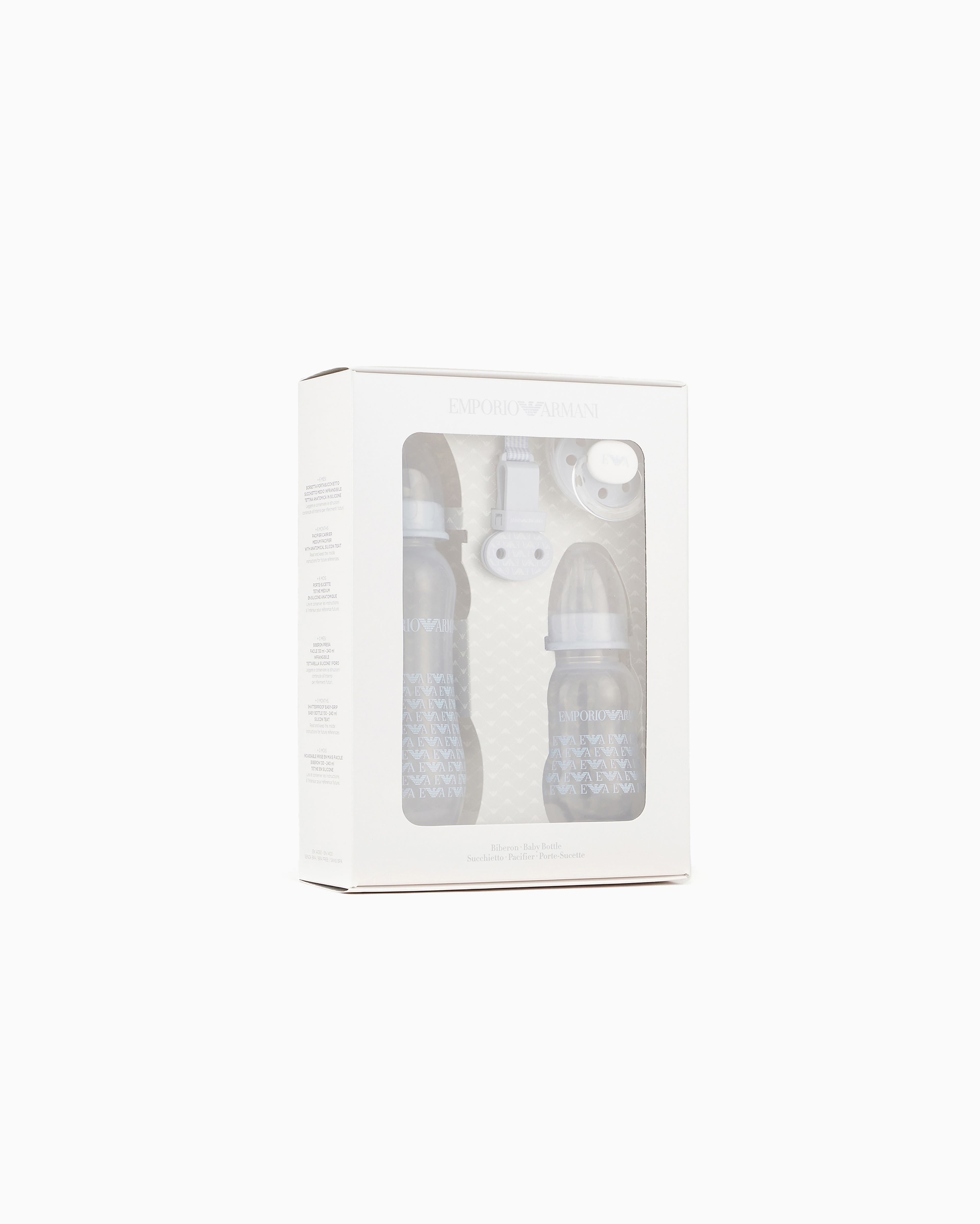 Emporio Armani - Infant-care set with two bottles, dummy and clip-on drawstring, Boy, Light Blue, Size: TU