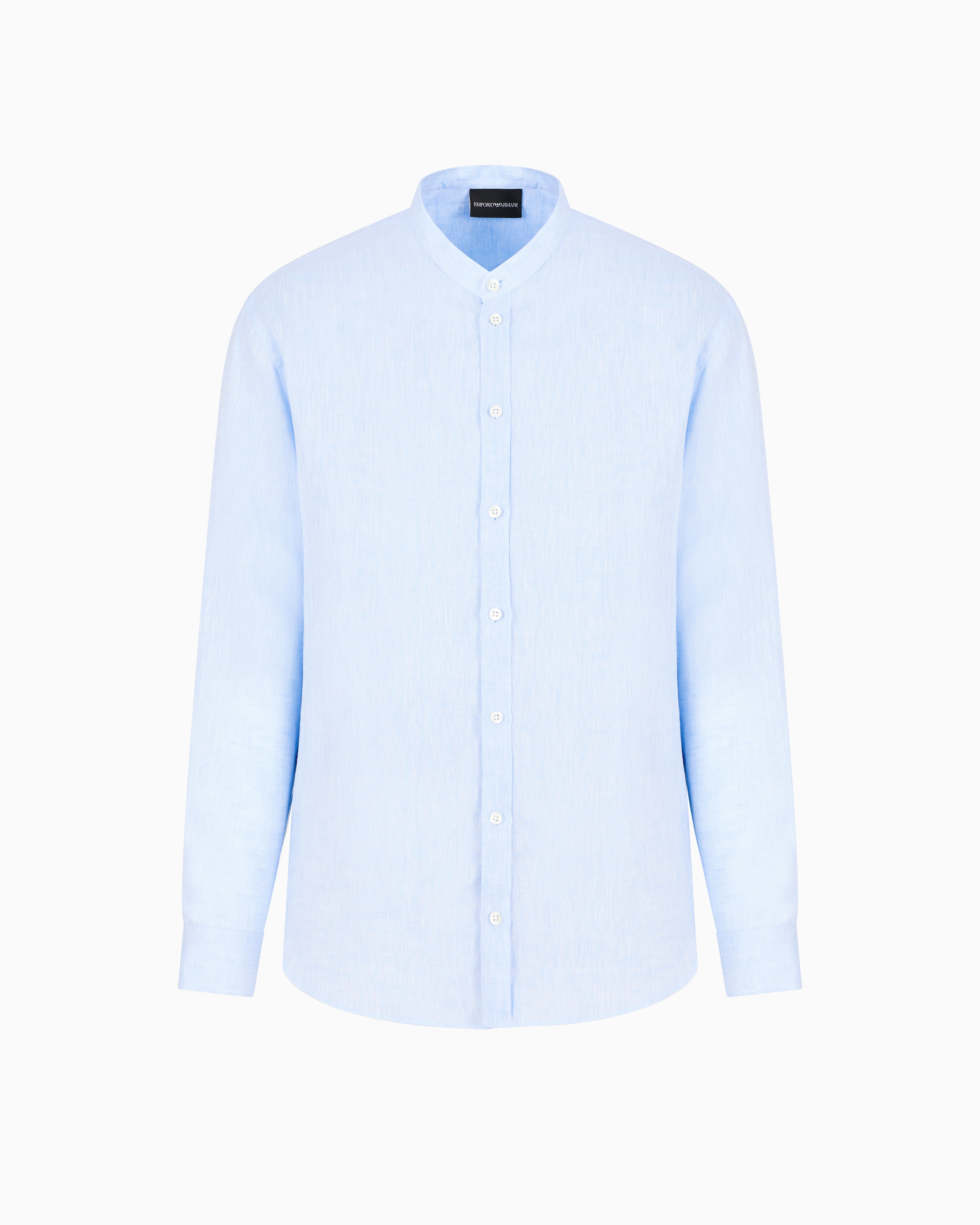 Emporio Armani - Linen chambray shirt with guru collar, Man, Light Blue, Size: