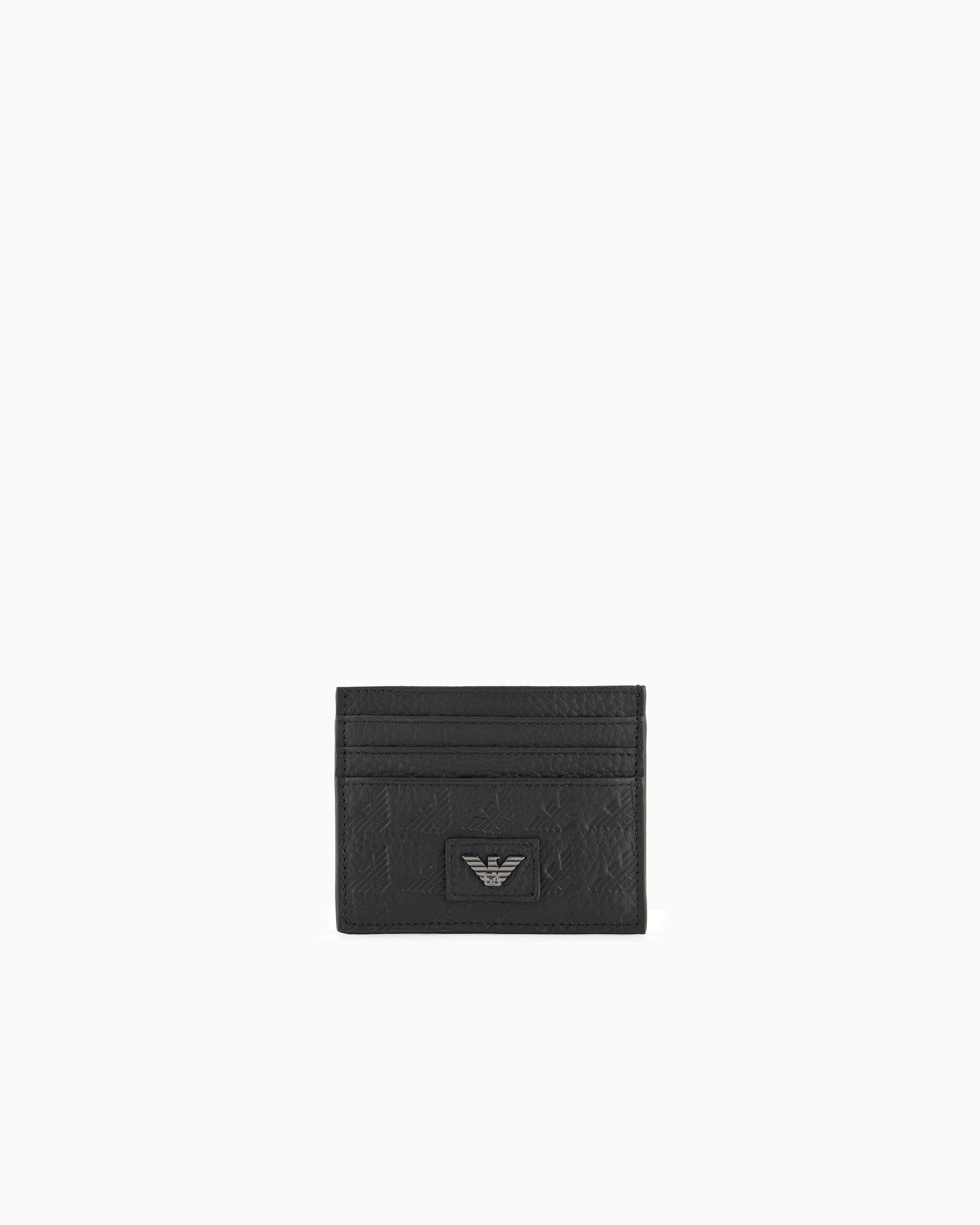Emporio Armani - Leather card holder with all-over embossed eagle , Man, Black, Size: TU