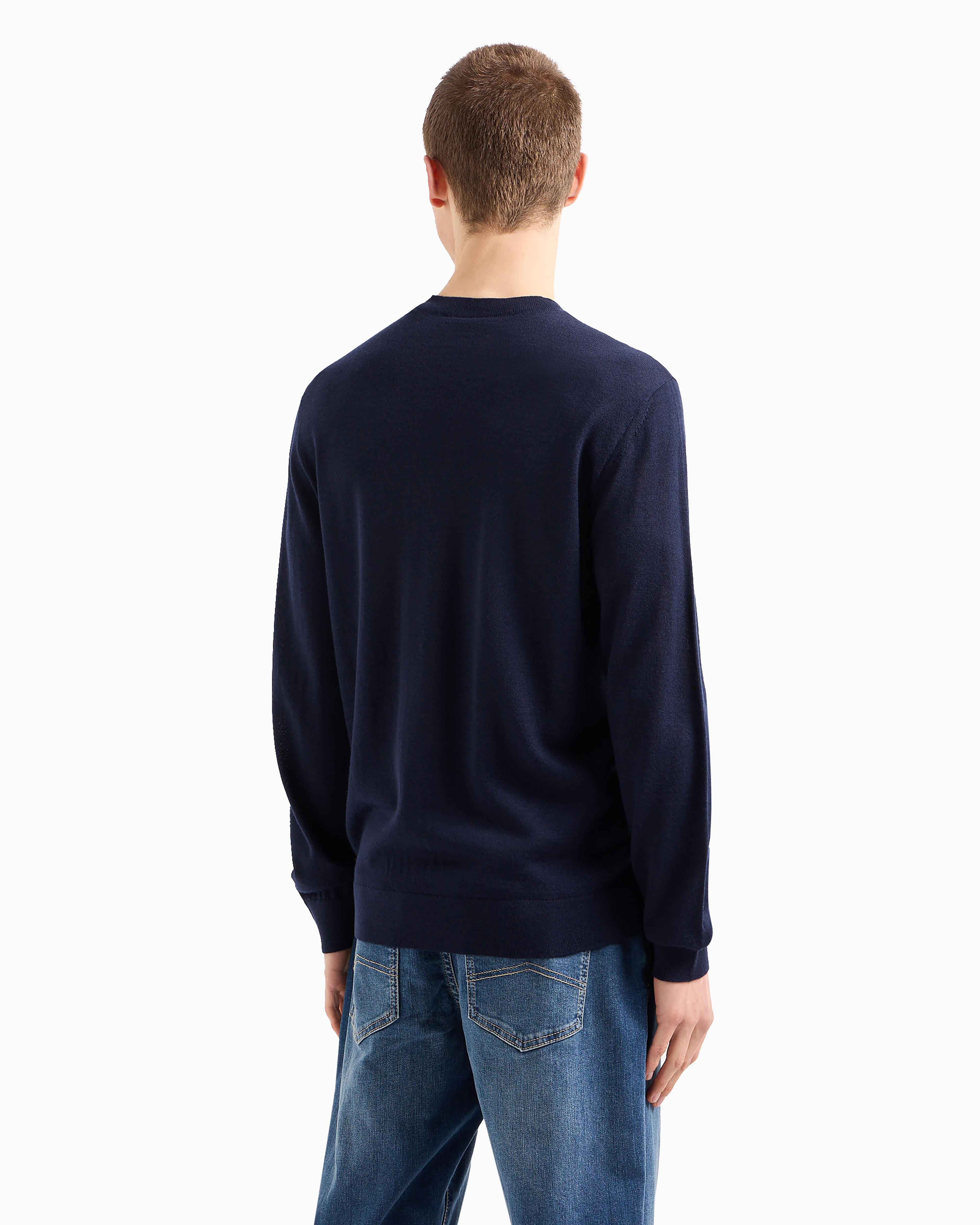 Armani Exchange - Wool blend crew neck sweater with chest logo, Man, Navy_blue, Size: