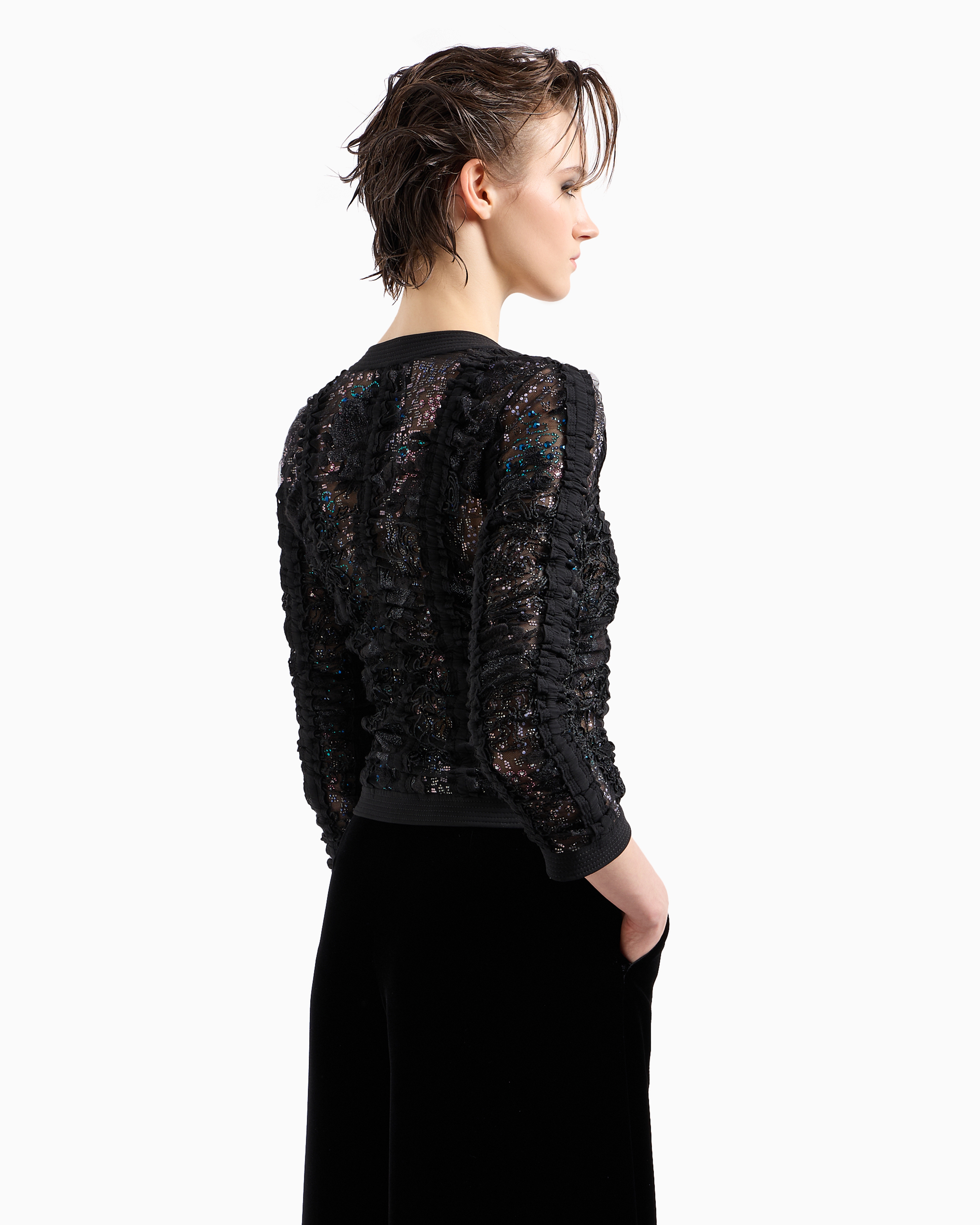 Giorgio Armani Short Jacket In Black Embroidered Lace With Zip In Black