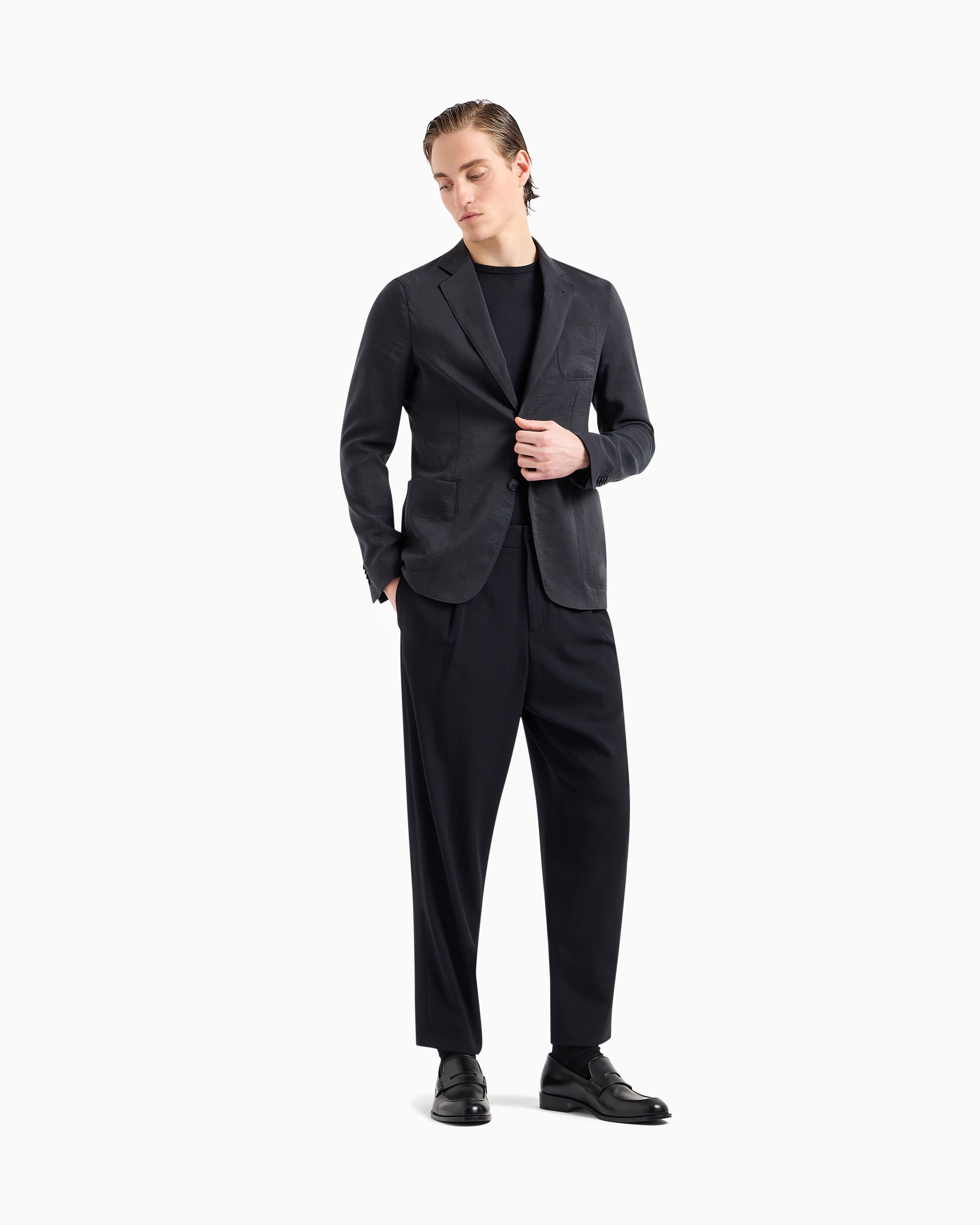 Giorgio Armani ネイビー ダブルブレストスーツ アプトンライン シングルブレストジャケット シルク混紡ツイル