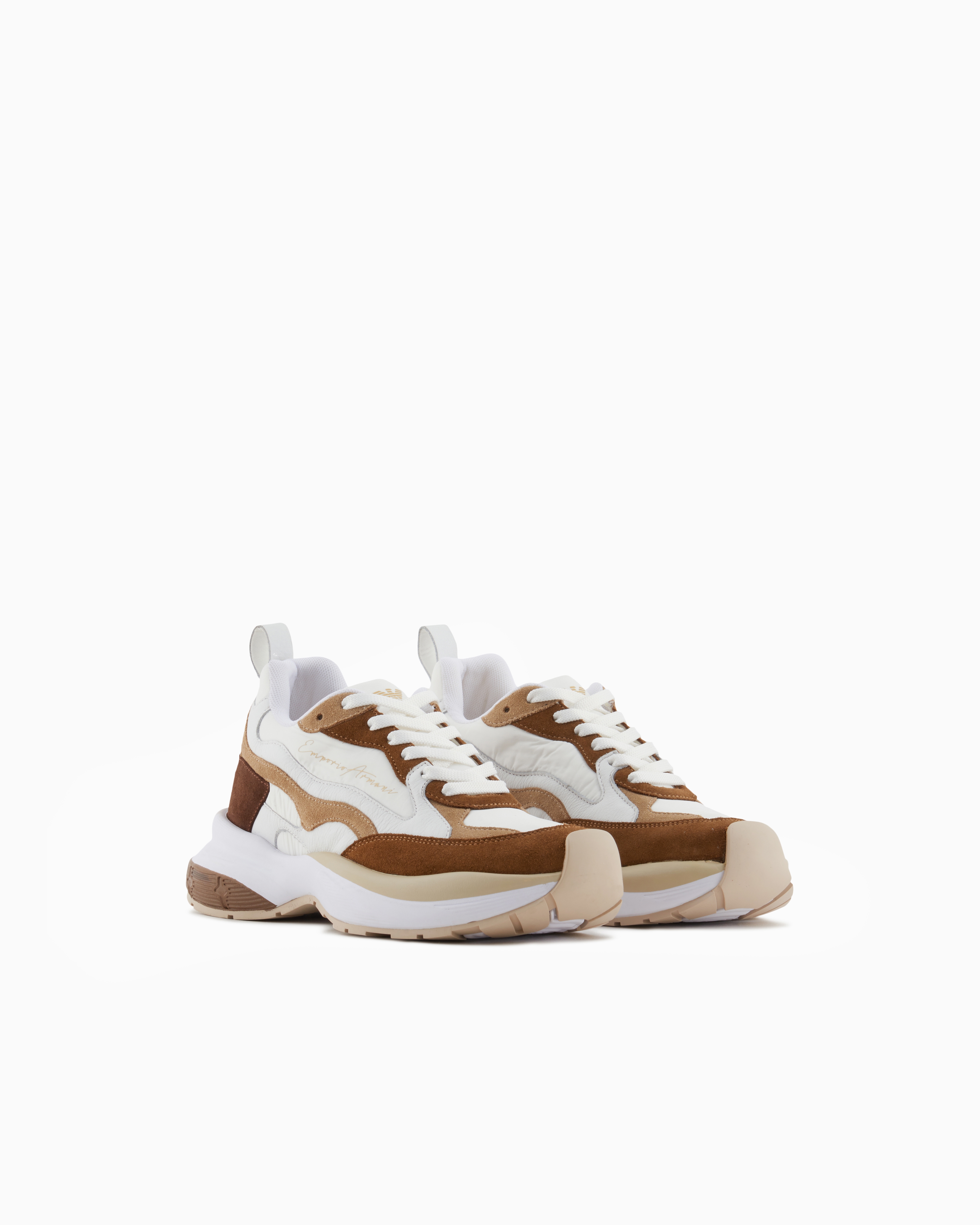 Emporio Armani - Mesh sneakers with laminated details and signature logo, Woman, Beige, Size: