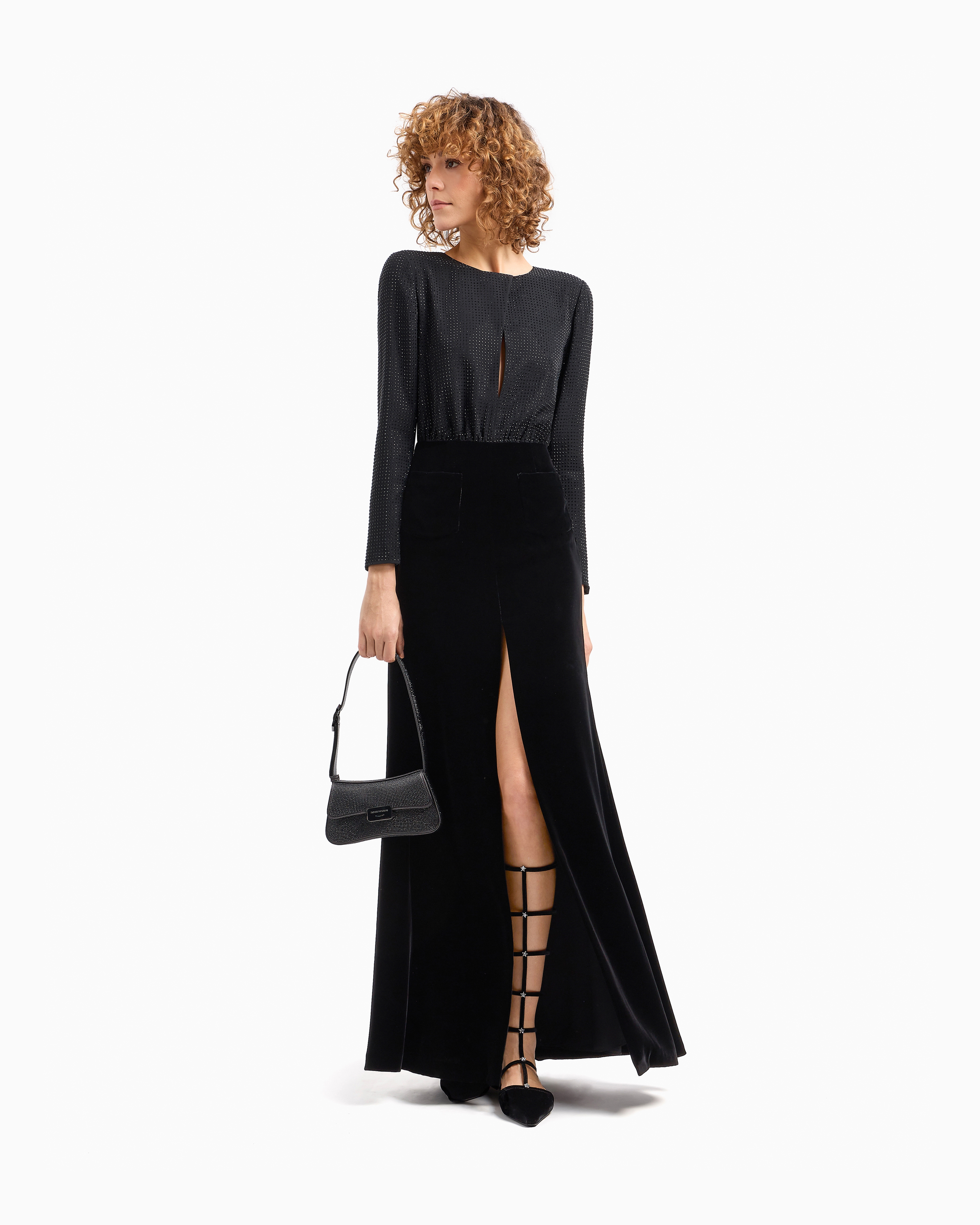 Long dress in cady with rhinestones and velvet | Emporio Armani