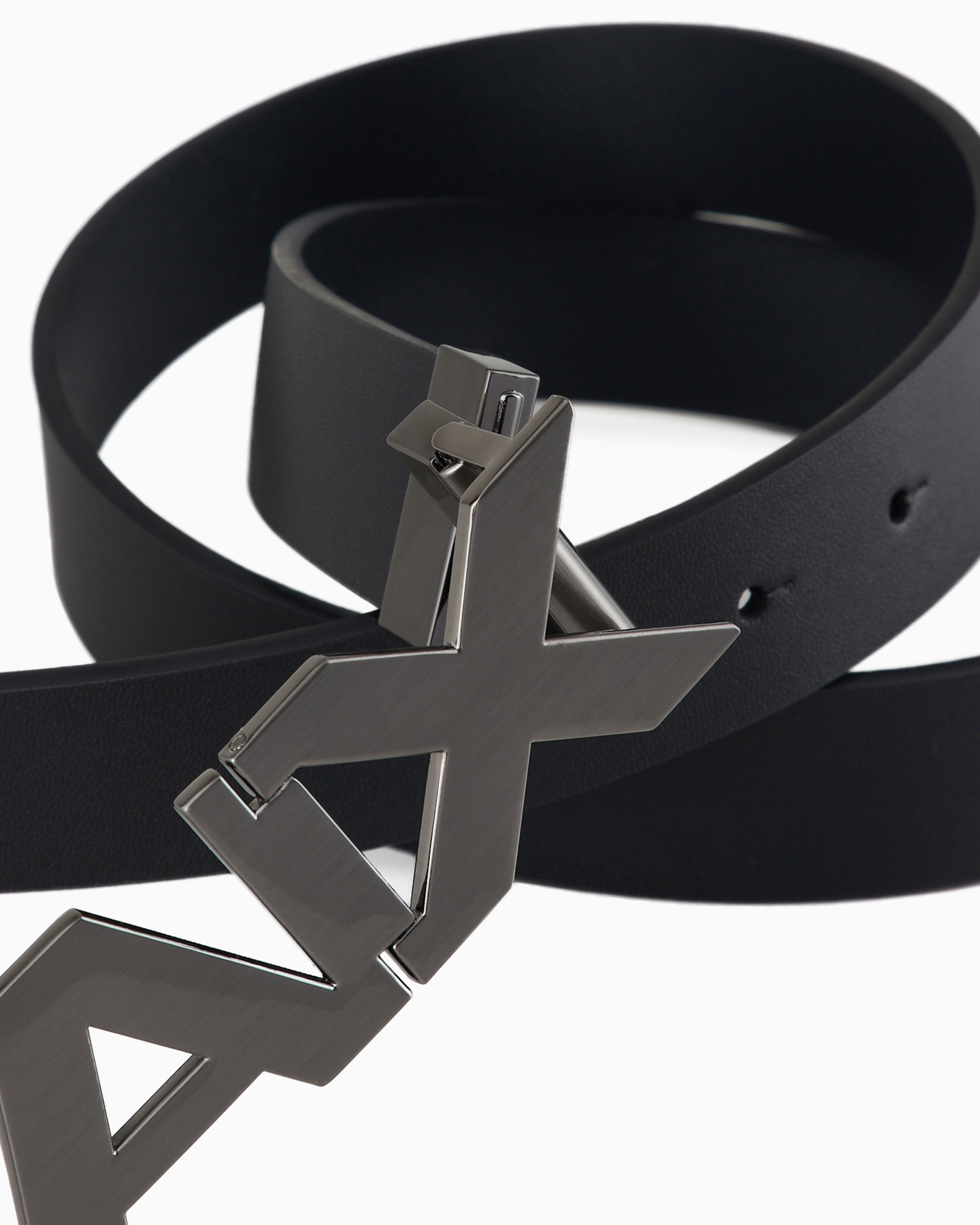 Armani Exchange - Reversible leather belt with satin metal logo buckle, Man, Black, Size: