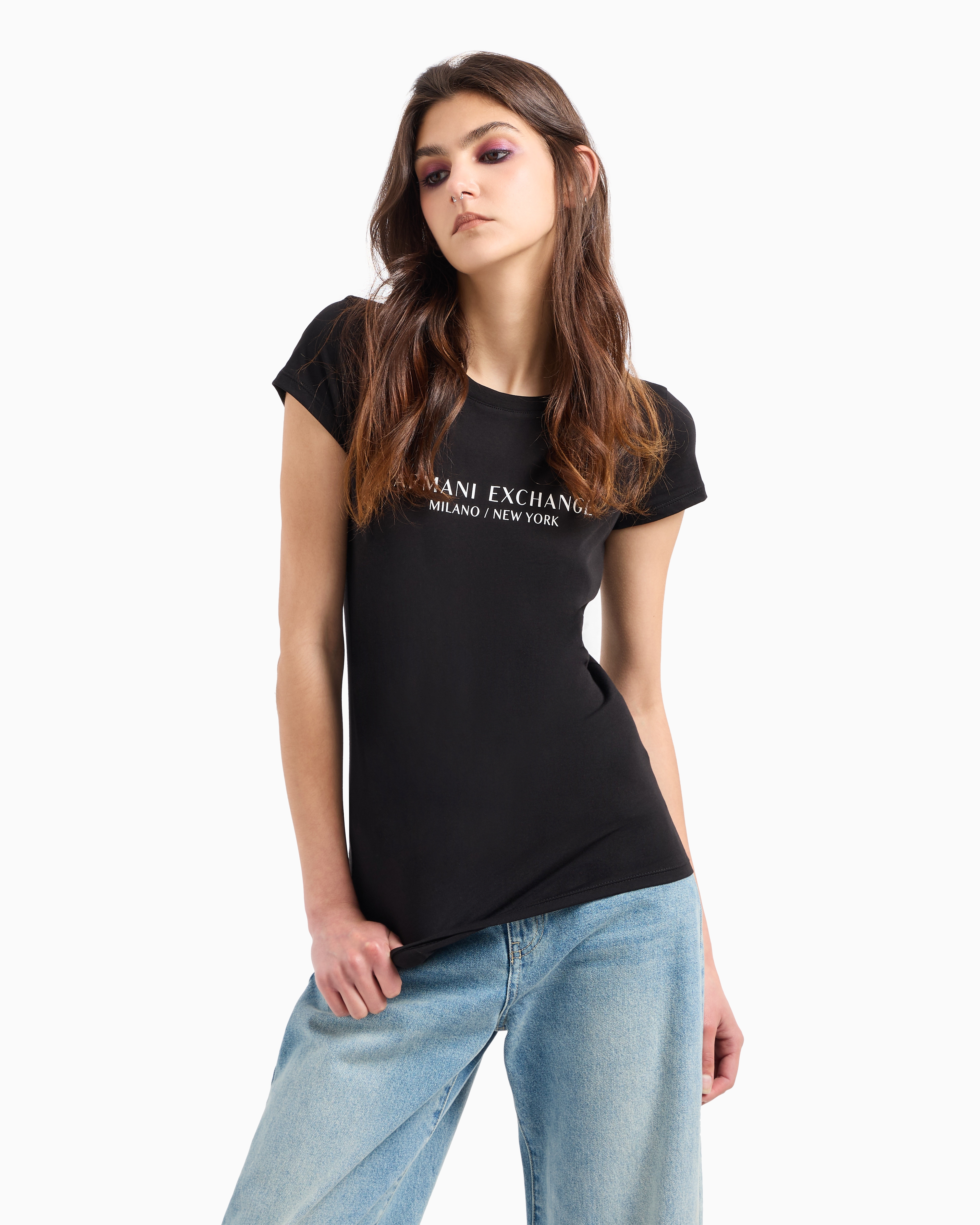 Armani Exchange - Slim fit T-shirt with Milan New York print, Woman, Black, Size:
