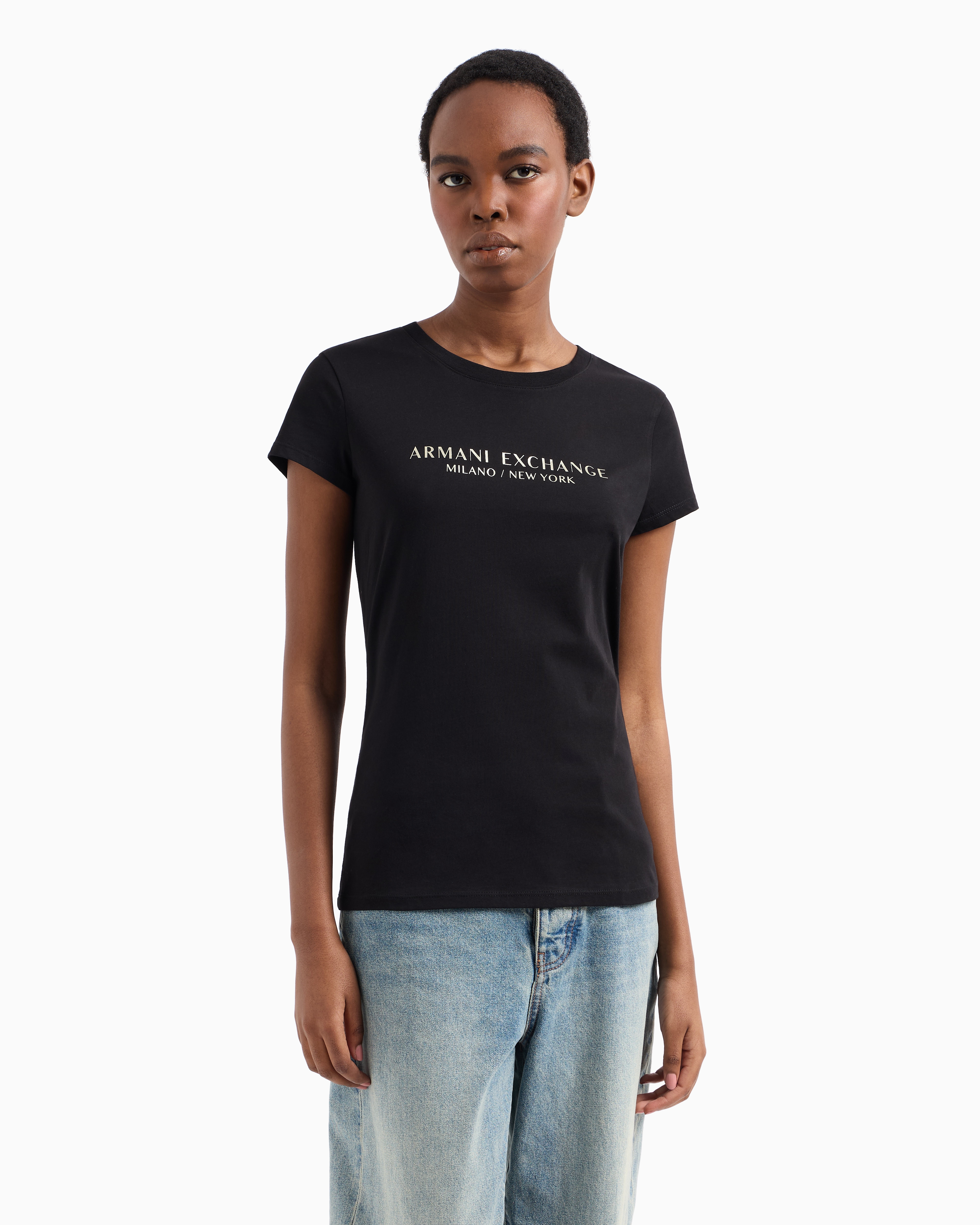 Armani Exchange - Slim fit T-shirt with Milan New York print, Woman, Black, Size: