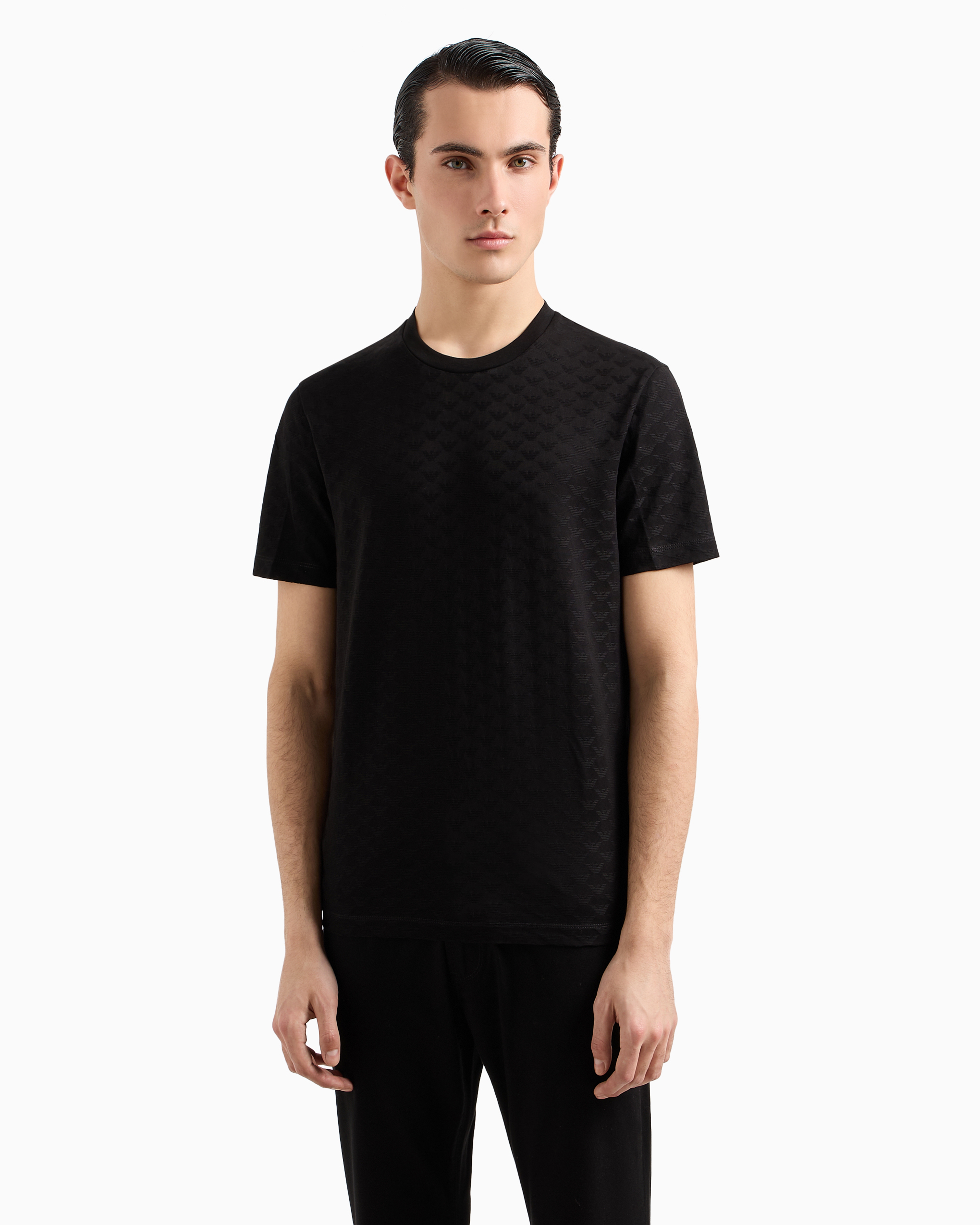Mercerised-jersey T-shirt with all-over jacquard eagle