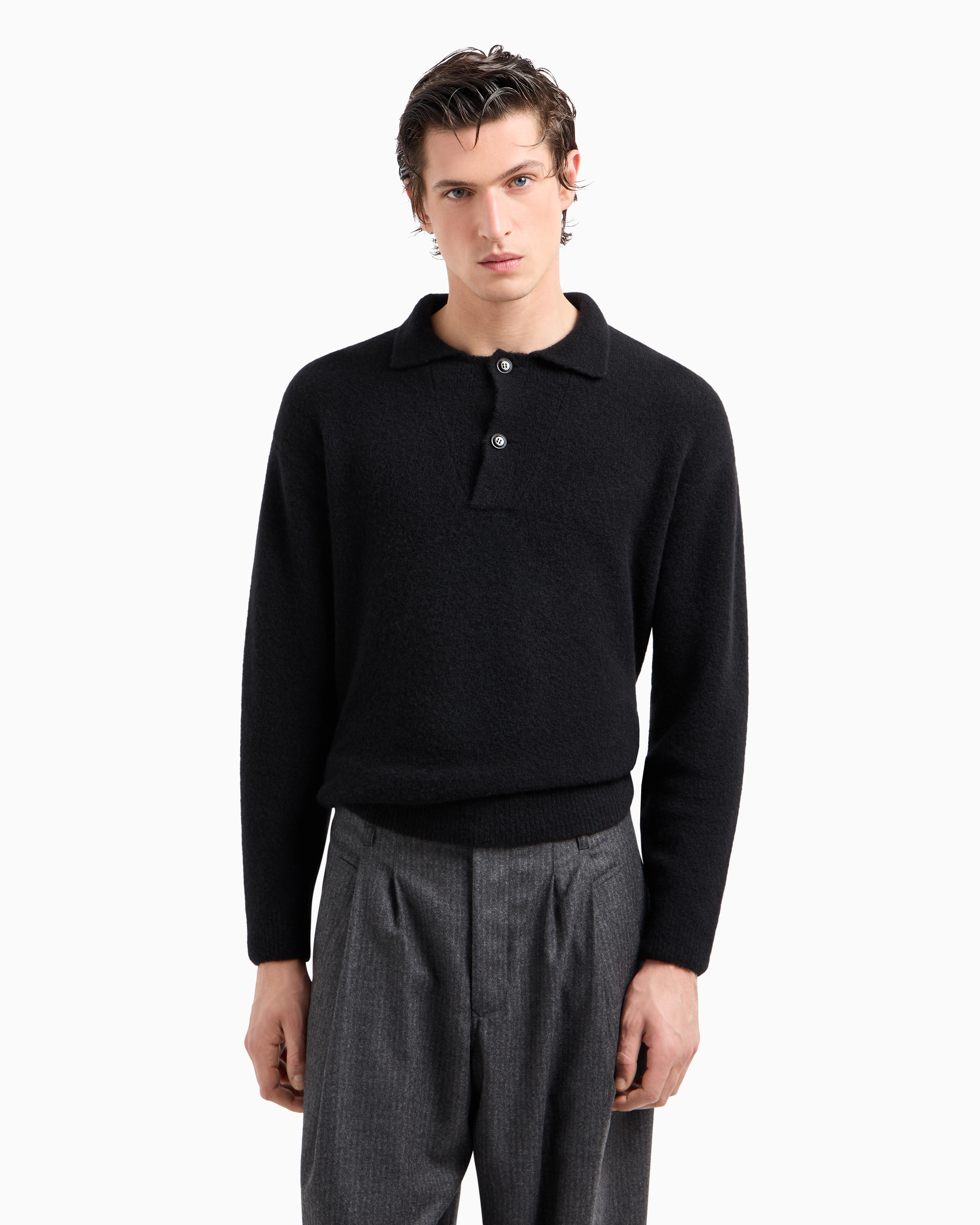 Giorgio Armani Long-sleeved Stretch Polo Shirt In Cashmere And Silk In Black