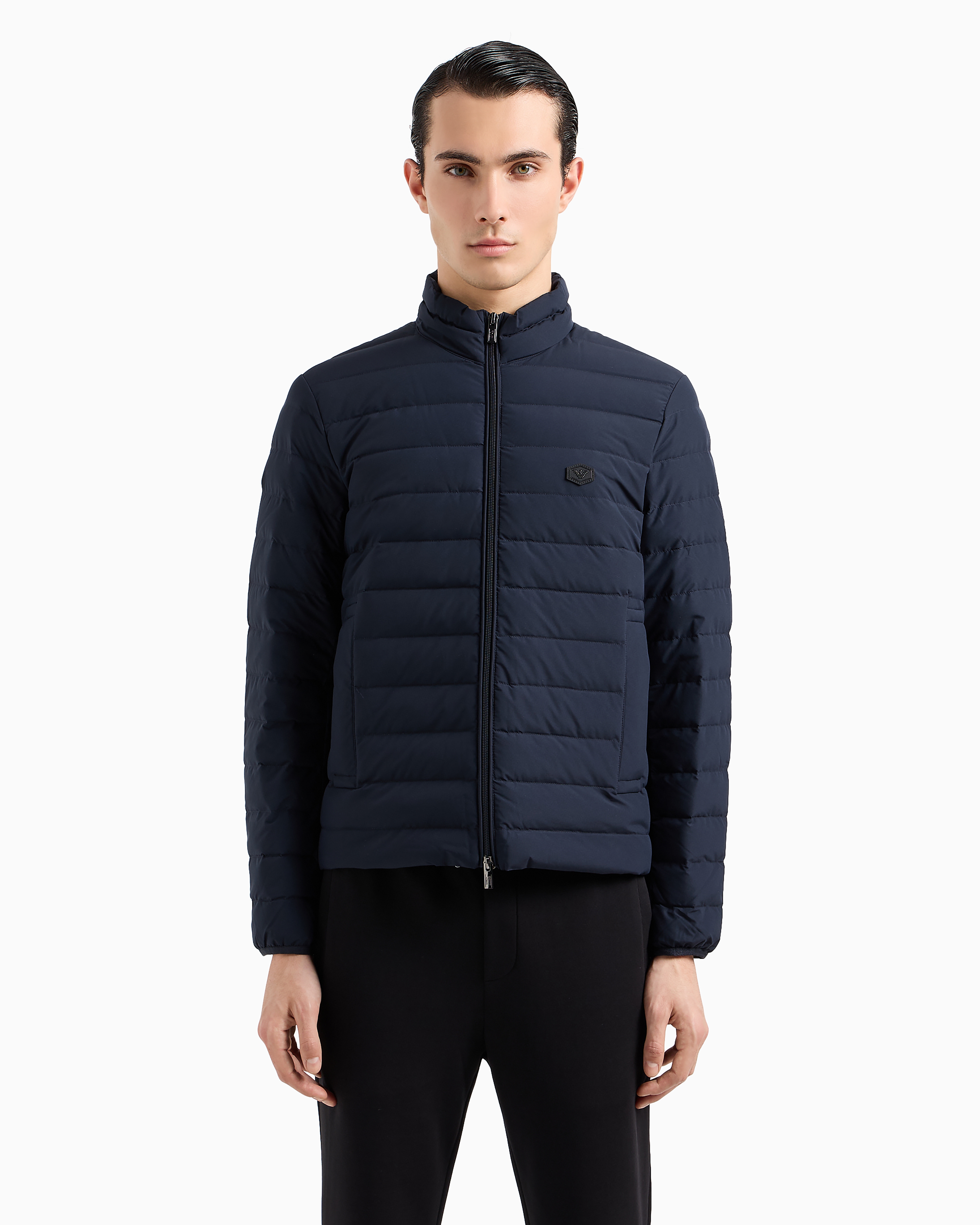 Quilted nylon full-zip down jacket with eagle logo patch