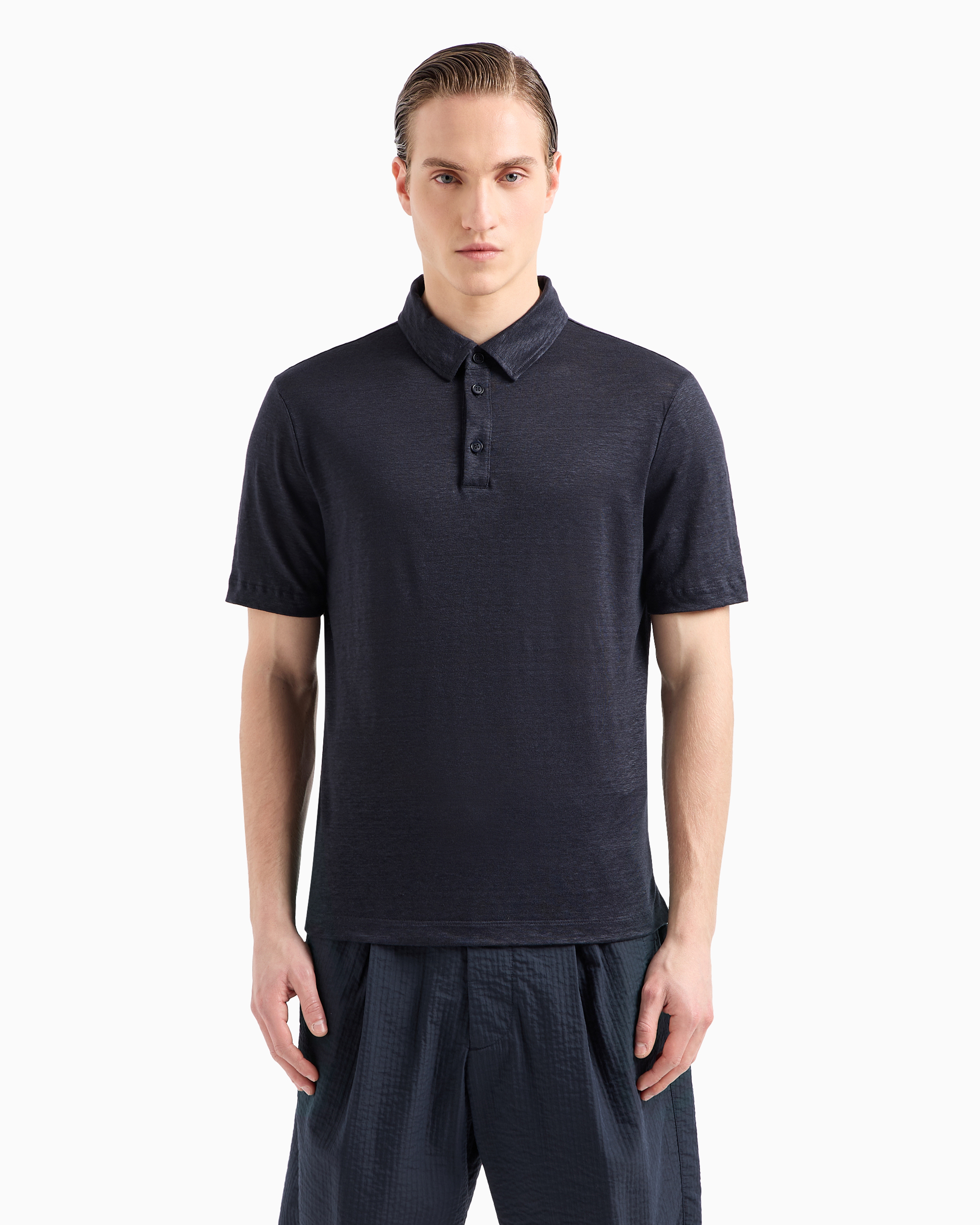 Short-sleeved polo shirt in pure linen jersey | Giorgio Armani