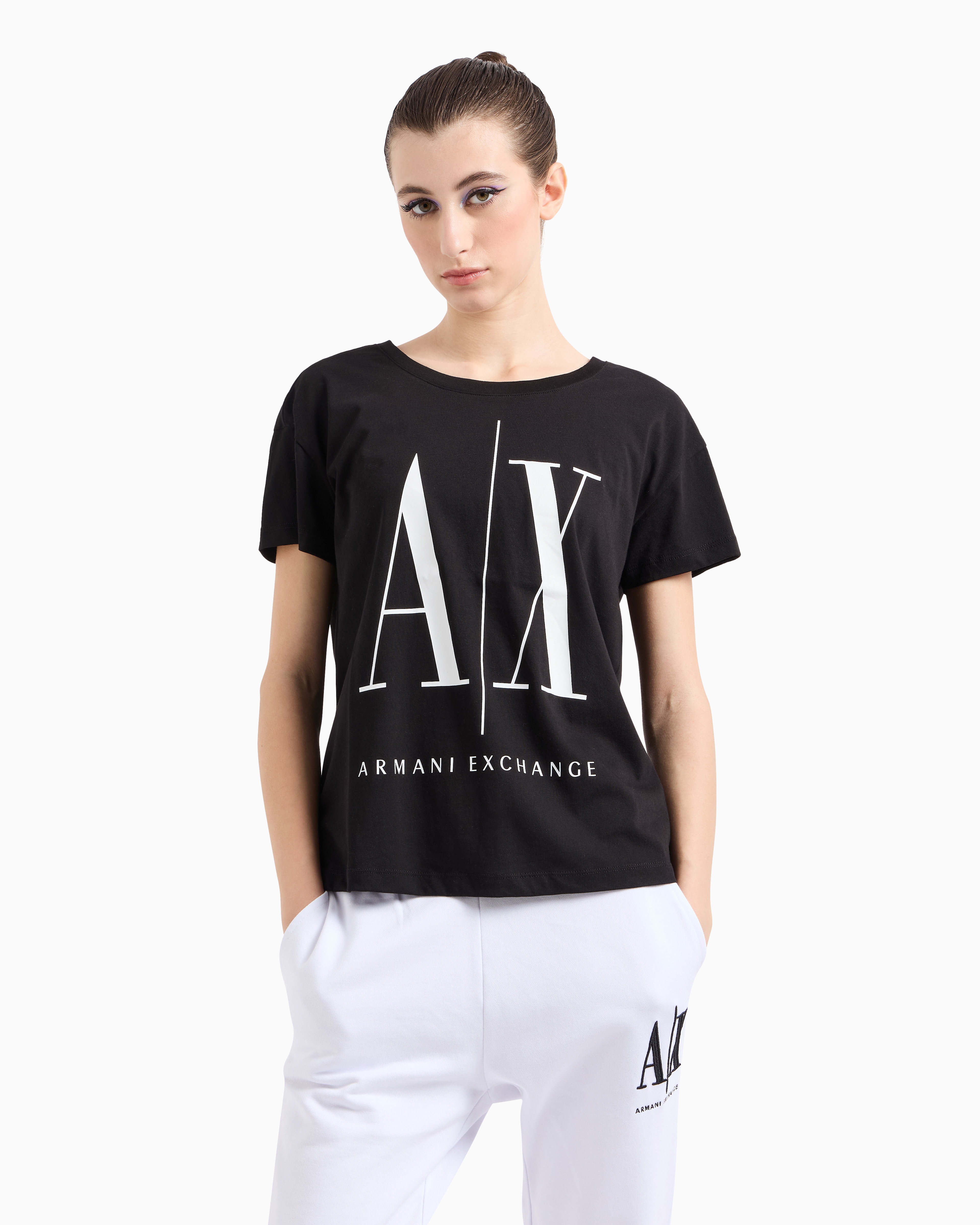 Armani Exchange - Relaxed fit T-shirt with round neck and logo, Woman, Black, Size: