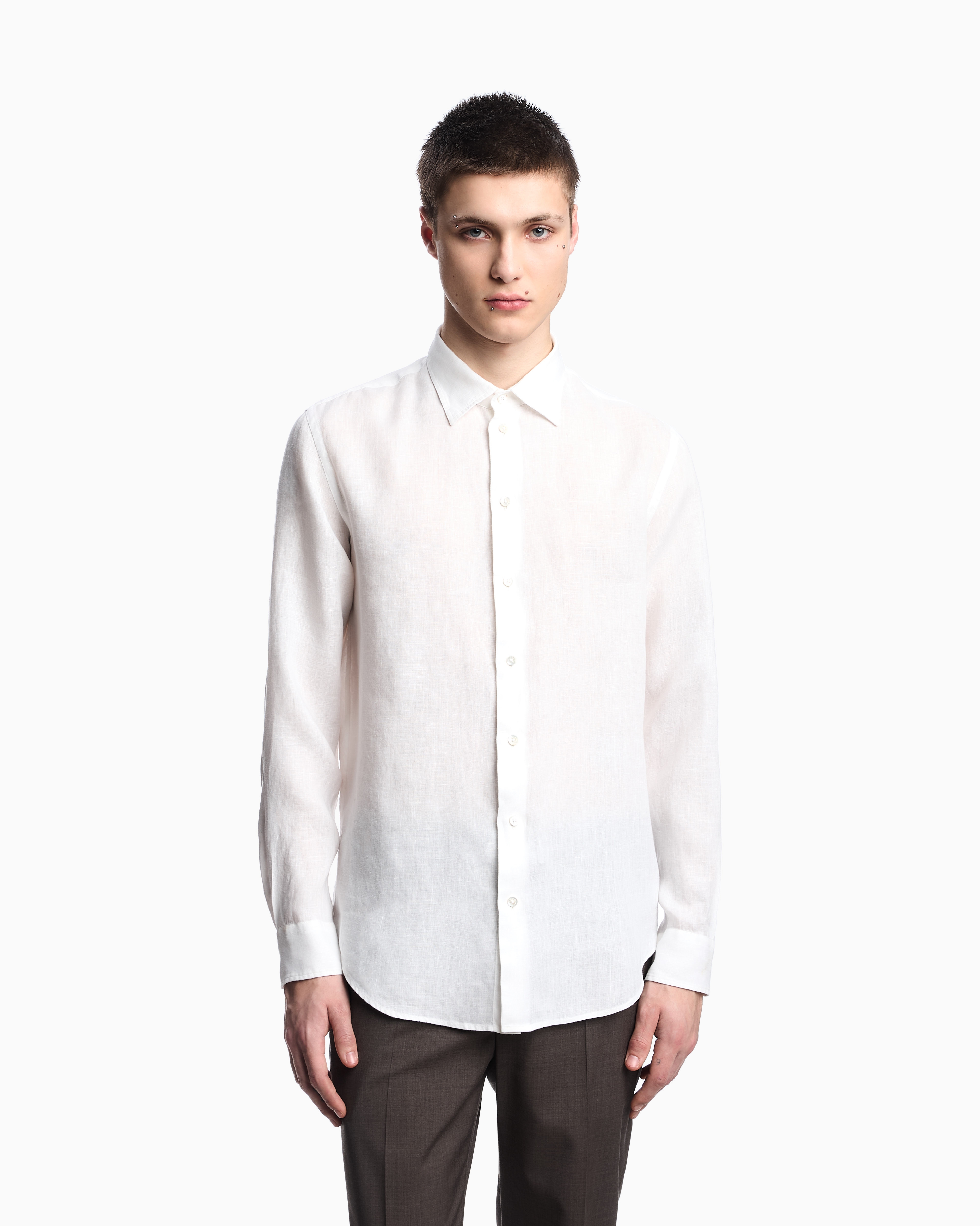 Emporio Armani - Garment-dyed linen shirt with French collar, Man, White, Size: