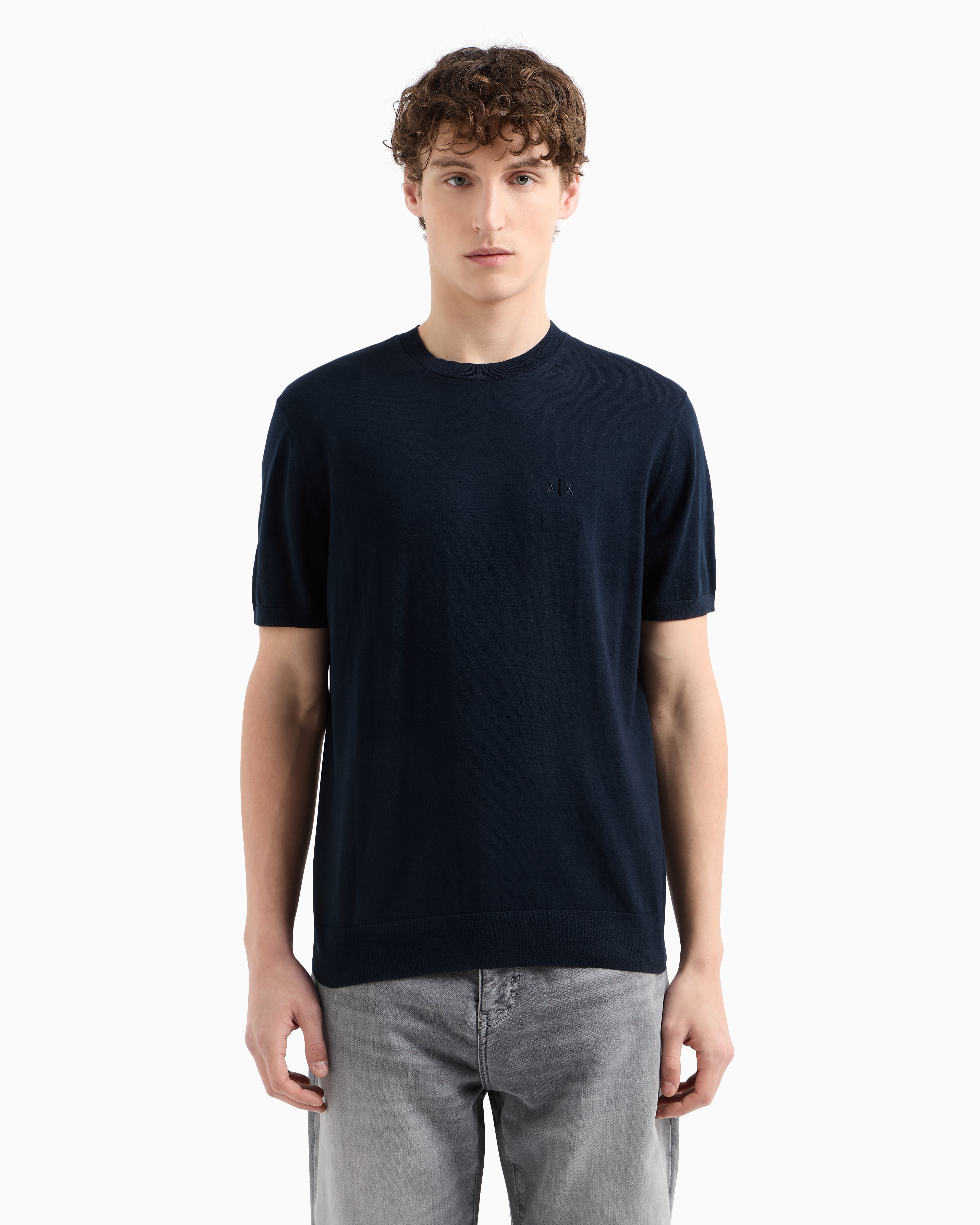 Armani Exchange -  Organic Cotton Knit T-Shirt, Man, Navy Blue, Size: