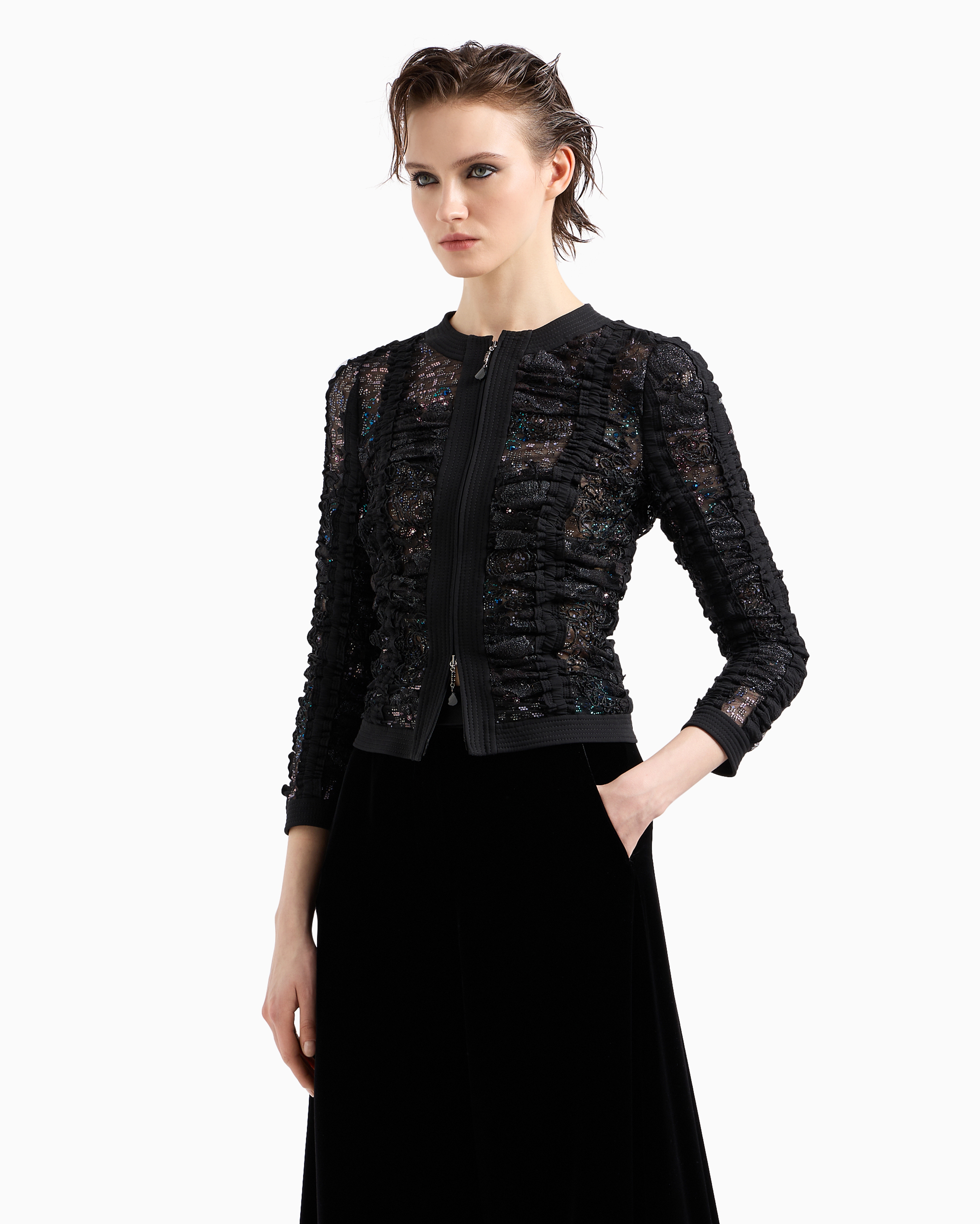 Giorgio Armani Short Jacket In Black Embroidered Lace With Zip In Black