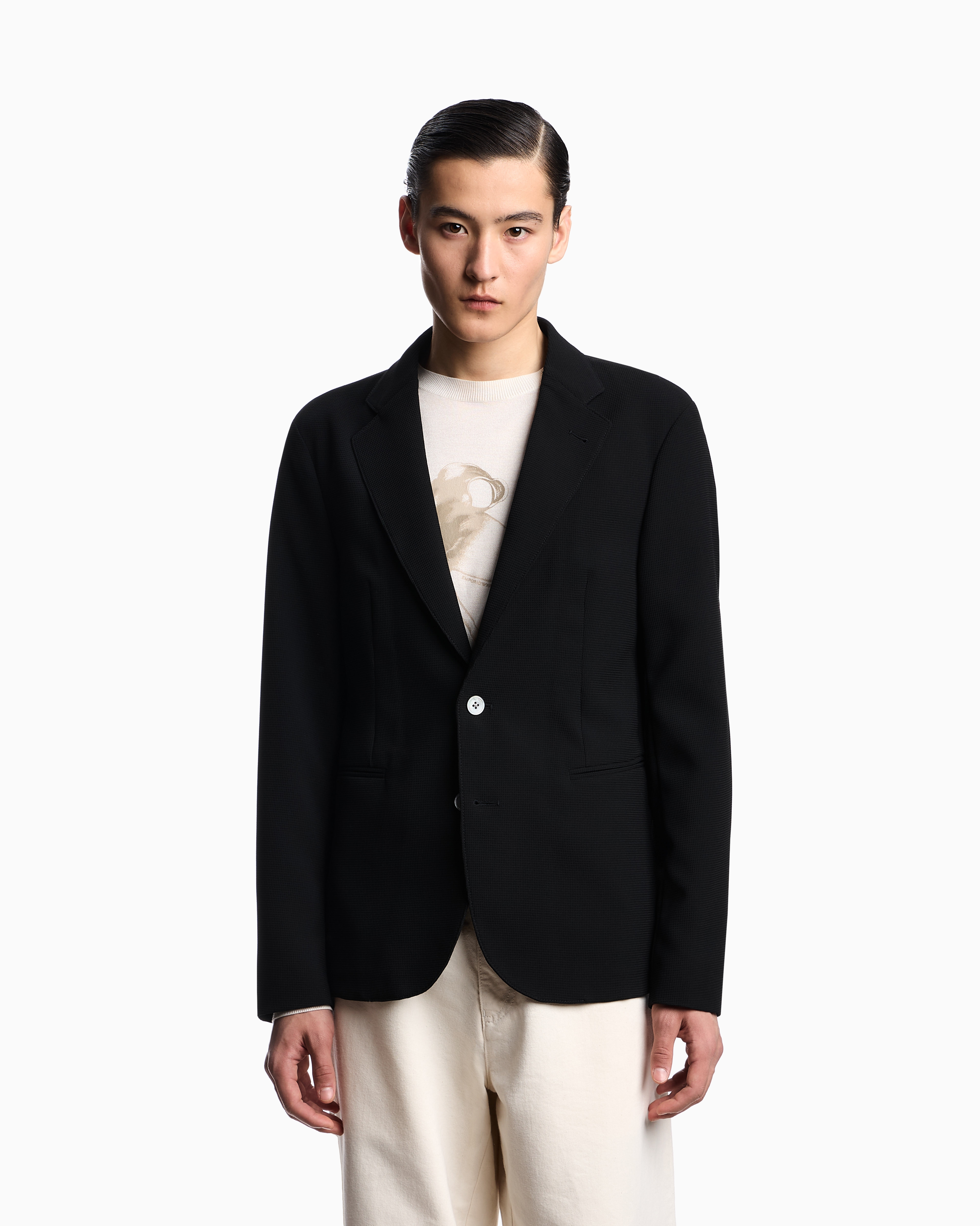 Emporio Armani - Icon single-breasted jacket piqué-effect micro-textured crêpe jersey, Man, Black, Size:
