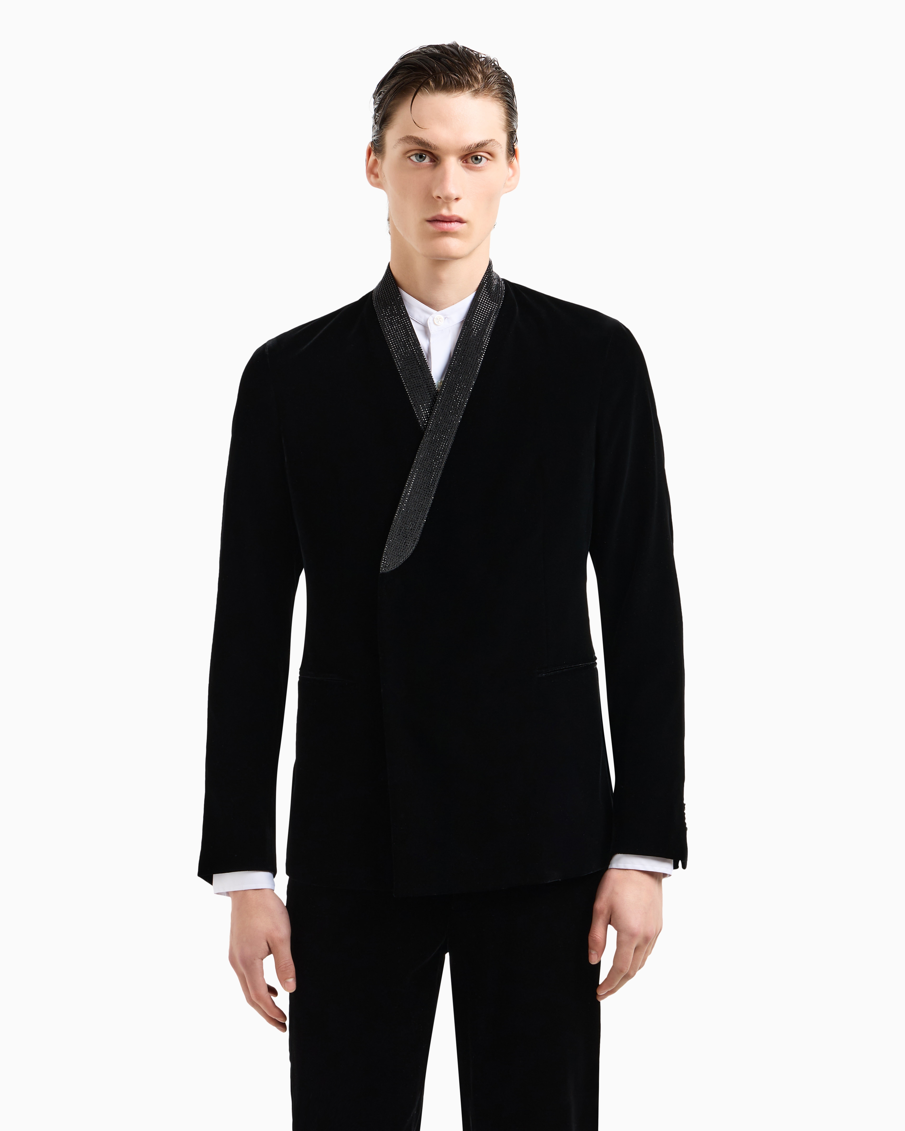 Giorgio Armani Double-breasted Giorgio's Jacket In Stretch Velvet In Black