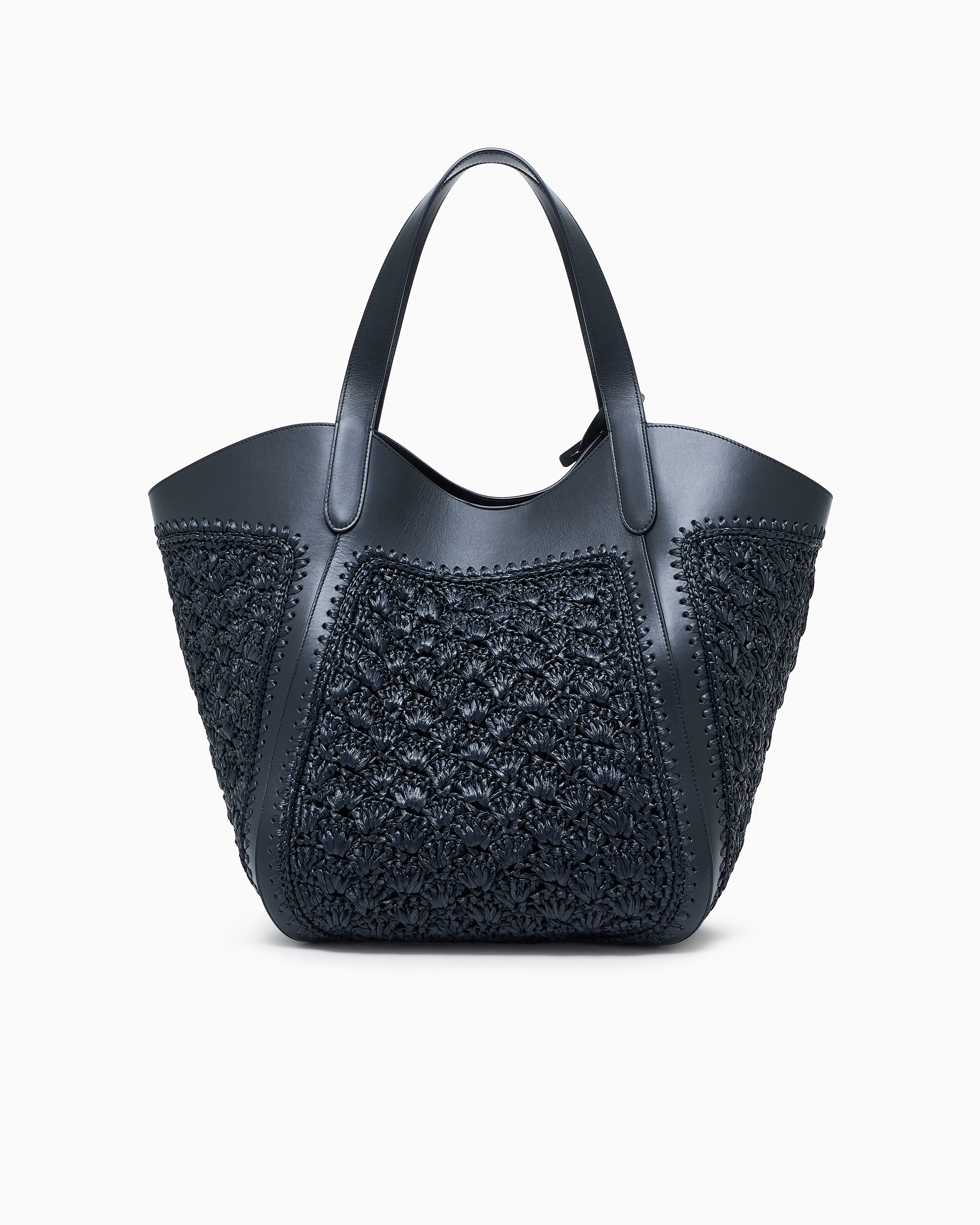 Giorgio Armani Large Handbag In Leather And Fan-stitch Raffia In Blue