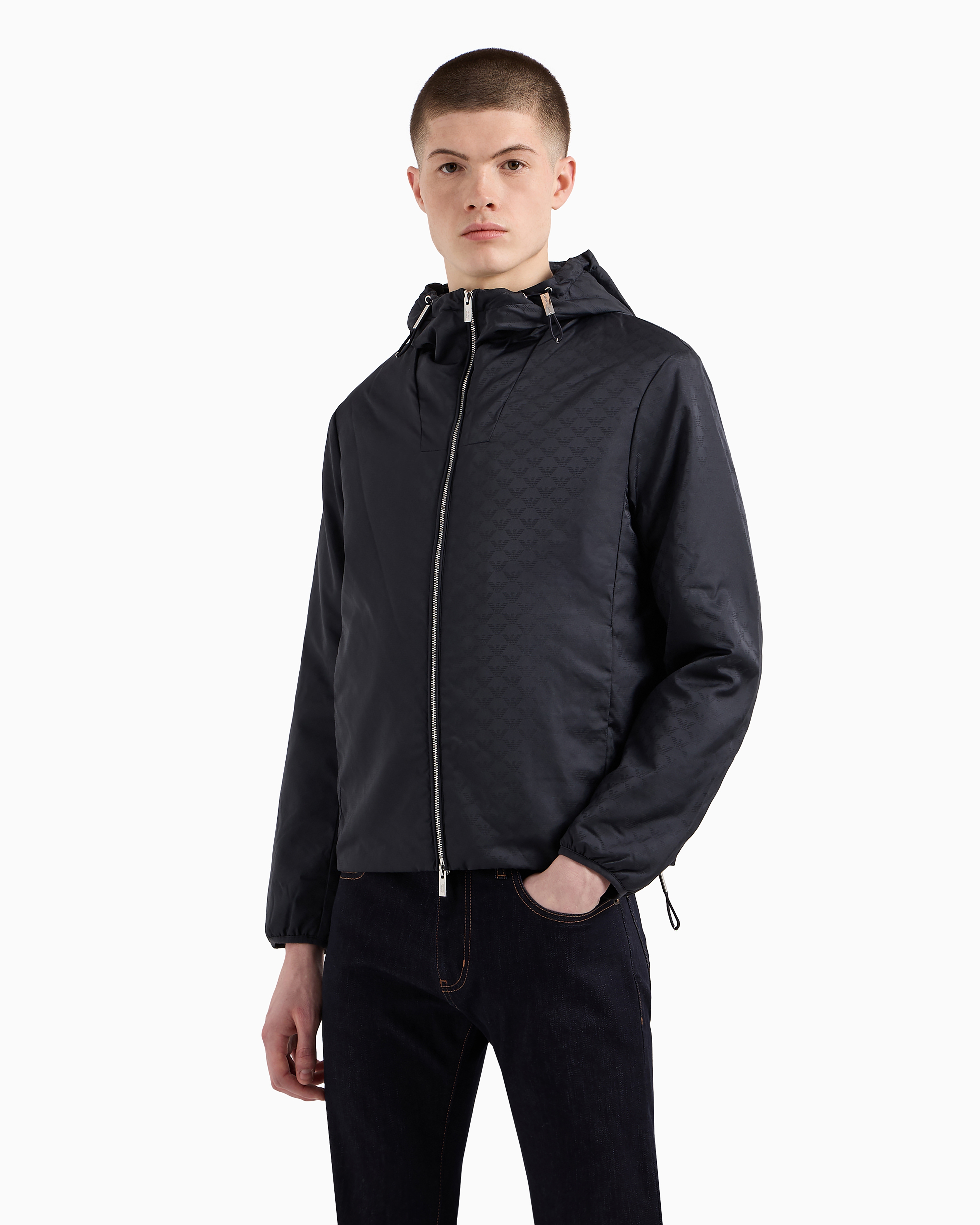 Nylon jacket with hood and zip, with all-over jacquard eagle