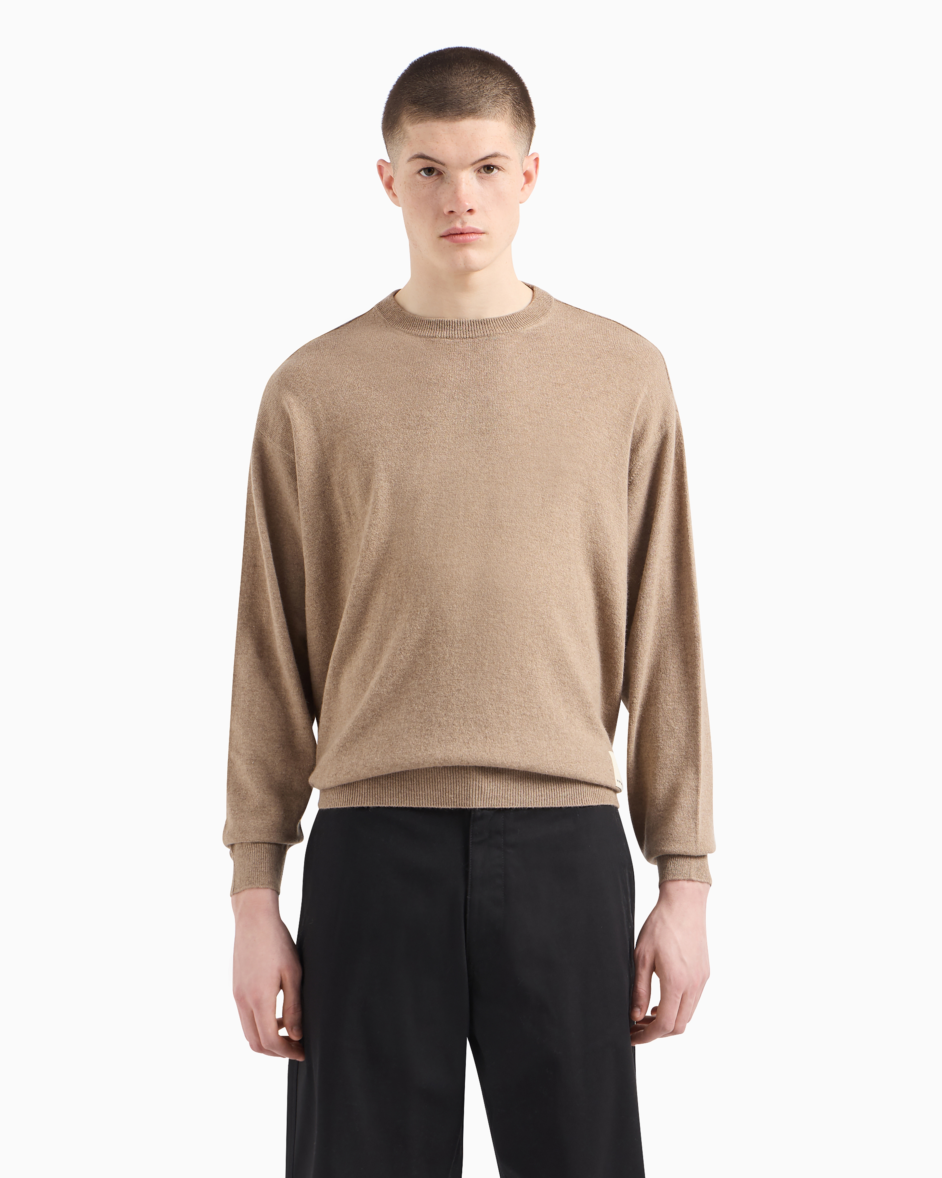 Emporio Armani - ASV Capsule plain-knit wool-blend jumper, Man, Beige, Size:
